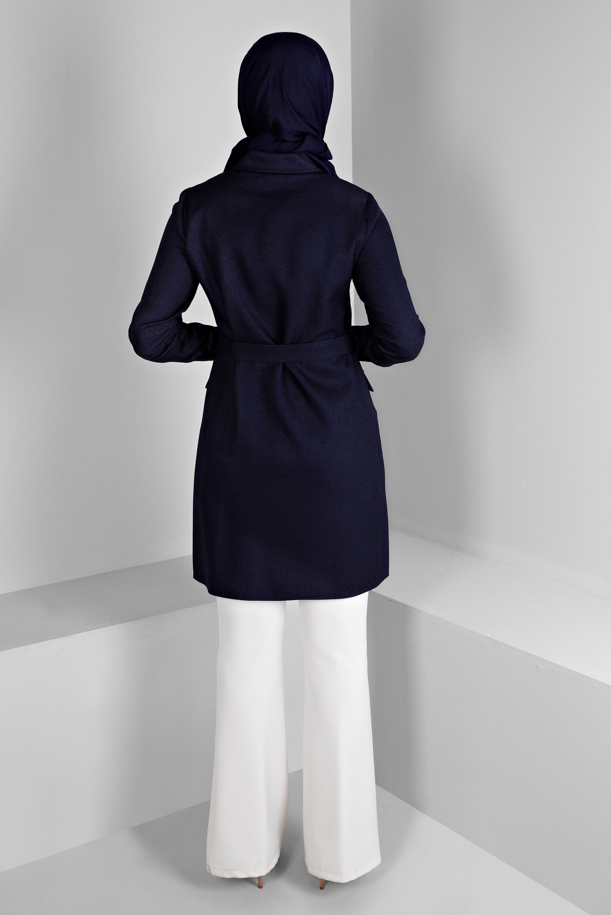 Tesettür giyim LACİVERT MANŞETLERİ DÜĞMELİ KEMERLİ TUNİK 43357