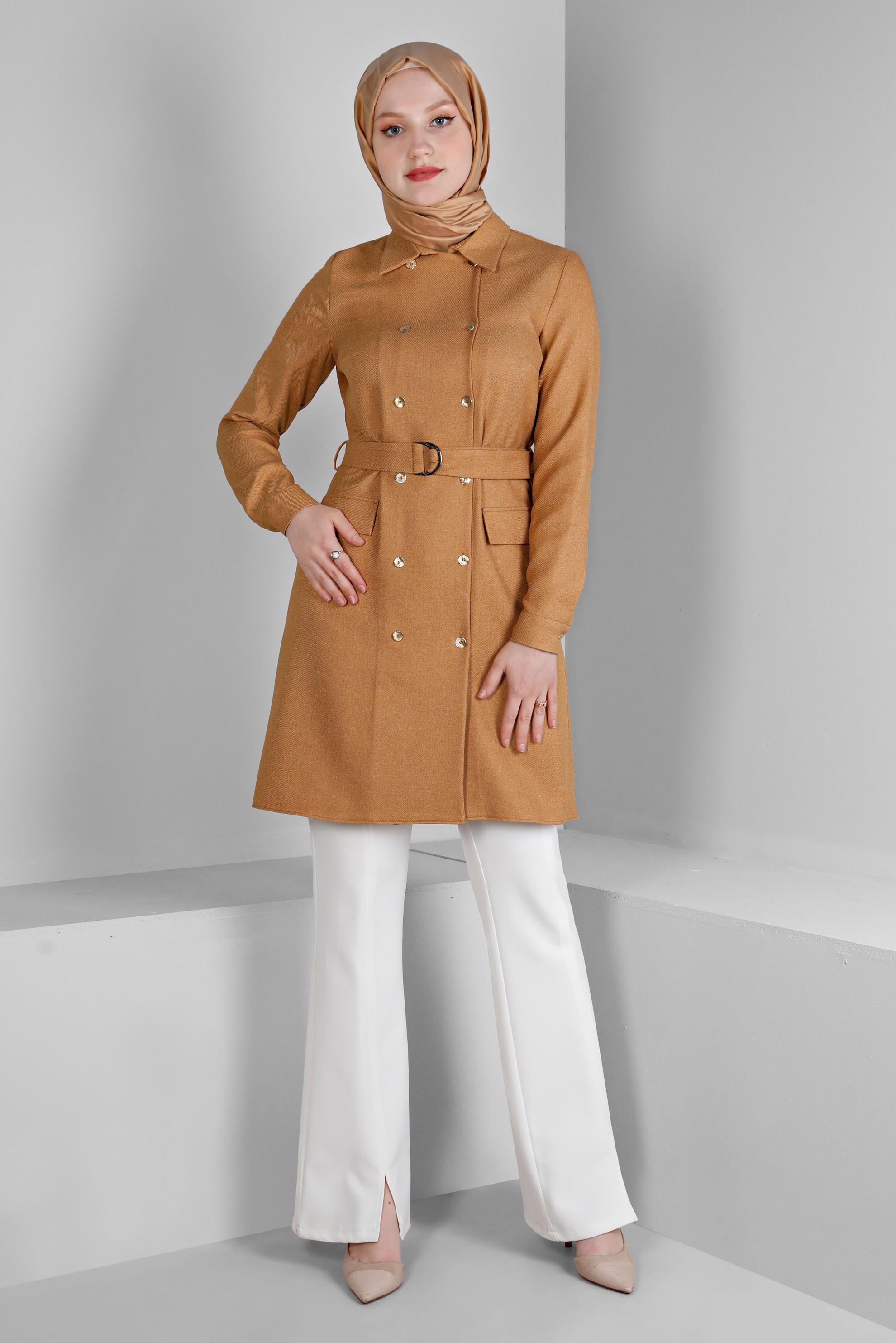 Tesettür giyim TURUNCU MANŞETLERİ DÜĞMELİ KEMERLİ TUNİK 43357