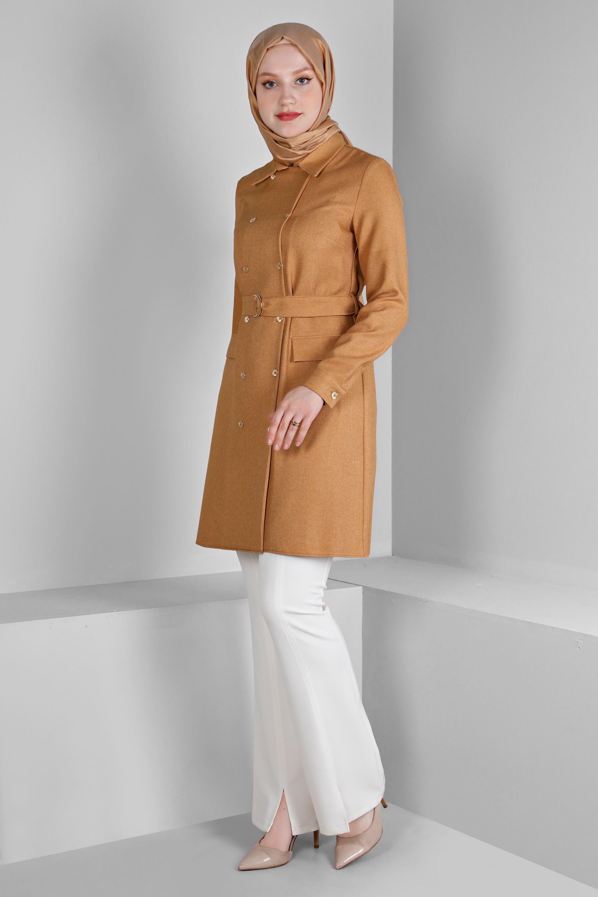 Tesettür giyim TURUNCU MANŞETLERİ DÜĞMELİ KEMERLİ TUNİK 43357