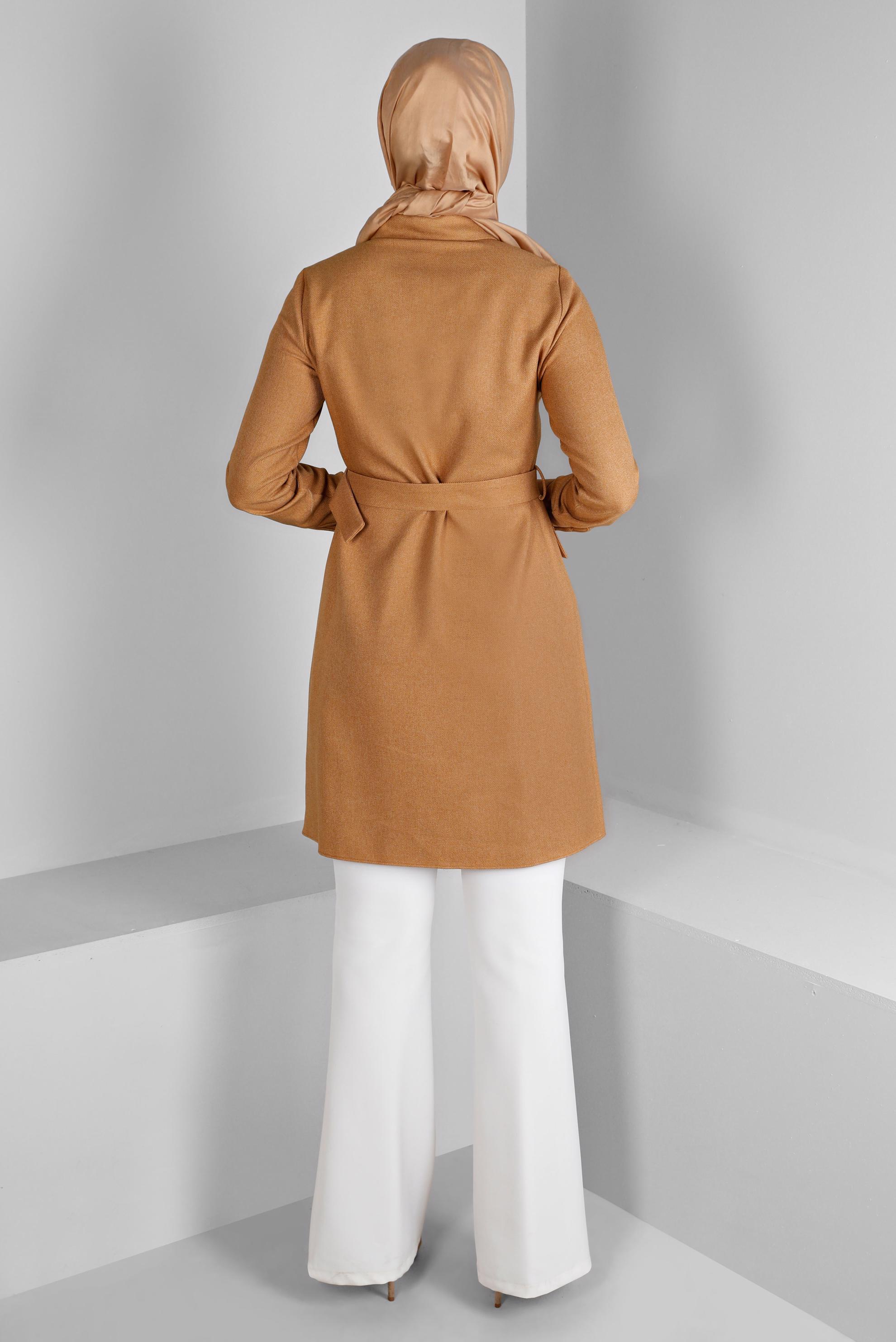 Tesettür giyim TURUNCU MANŞETLERİ DÜĞMELİ KEMERLİ TUNİK 43357