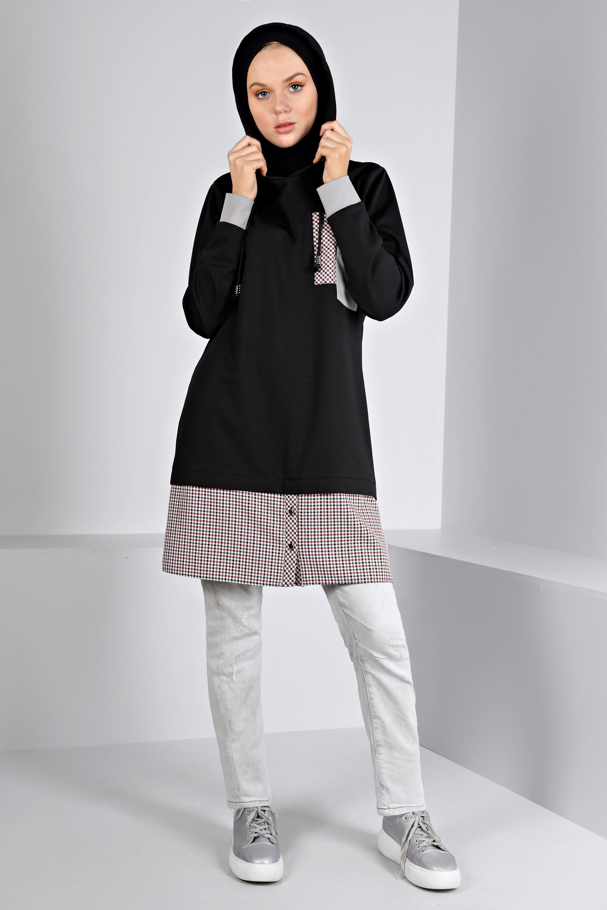 Tesettür giyim SİYAH KAPÜŞONLU EKOSE GÖMLEK PARÇALI TUNİK 43358 