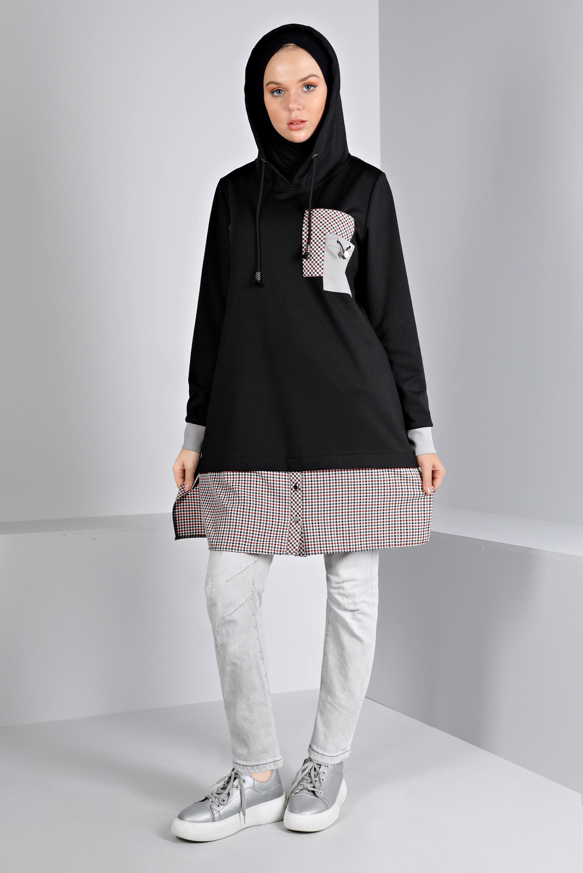 Tesettür giyim SİYAH KAPÜŞONLU EKOSE GÖMLEK PARÇALI TUNİK 43358 