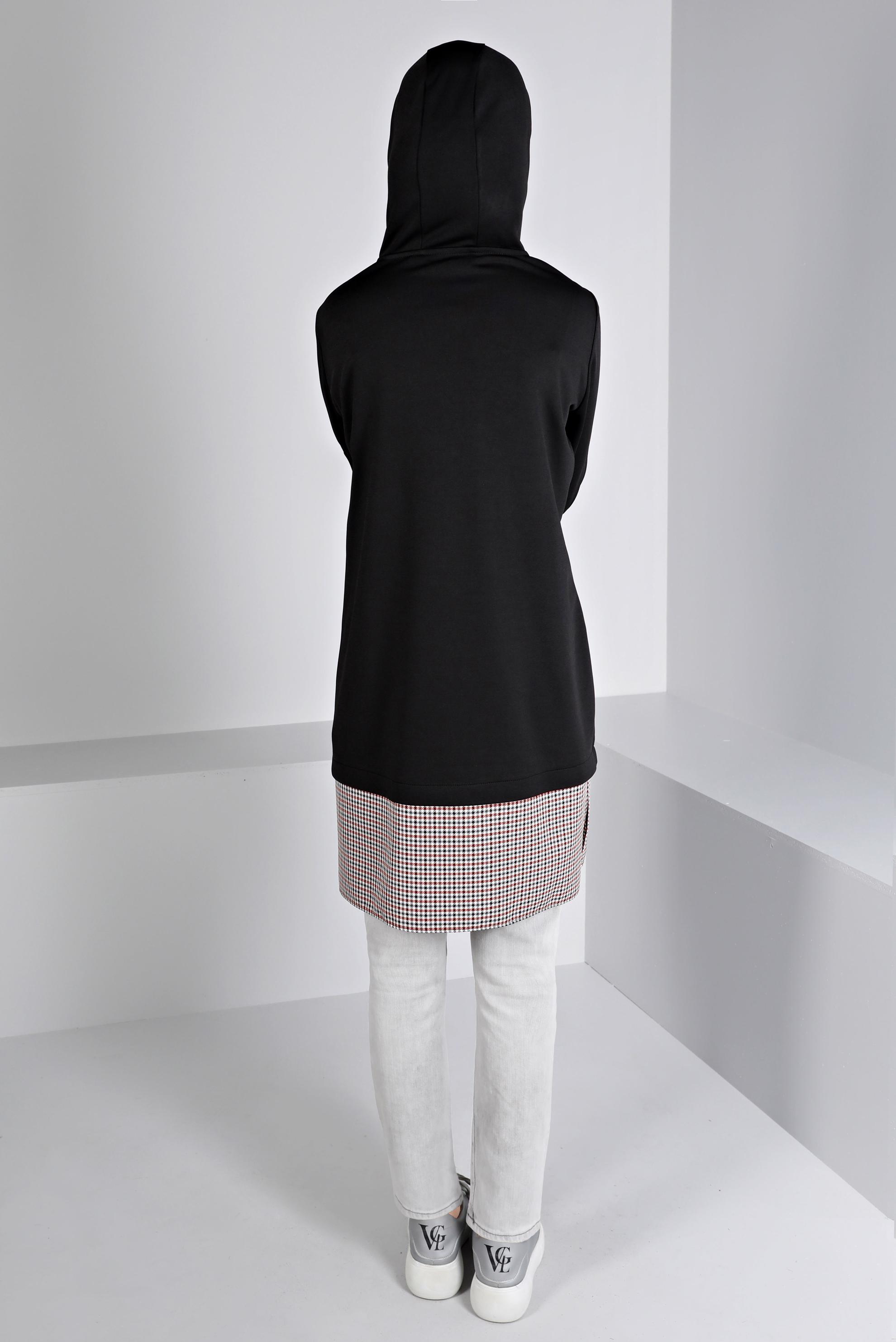 Tesettür giyim SİYAH KAPÜŞONLU EKOSE GÖMLEK PARÇALI TUNİK 43358 