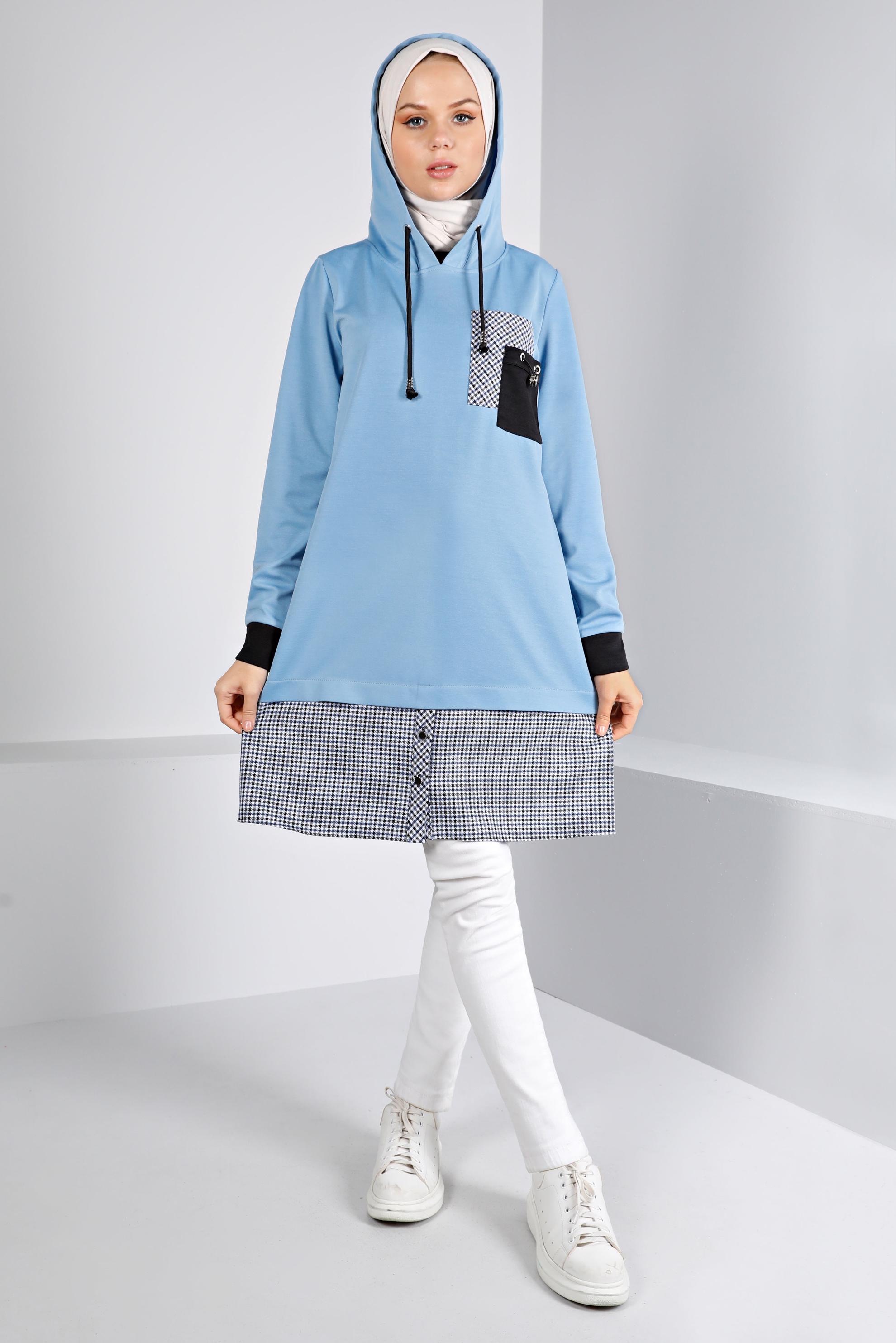 Tesettür giyim MAVİ KAPÜŞONLU EKOSE GÖMLEK PARÇALI TUNİK 43358 