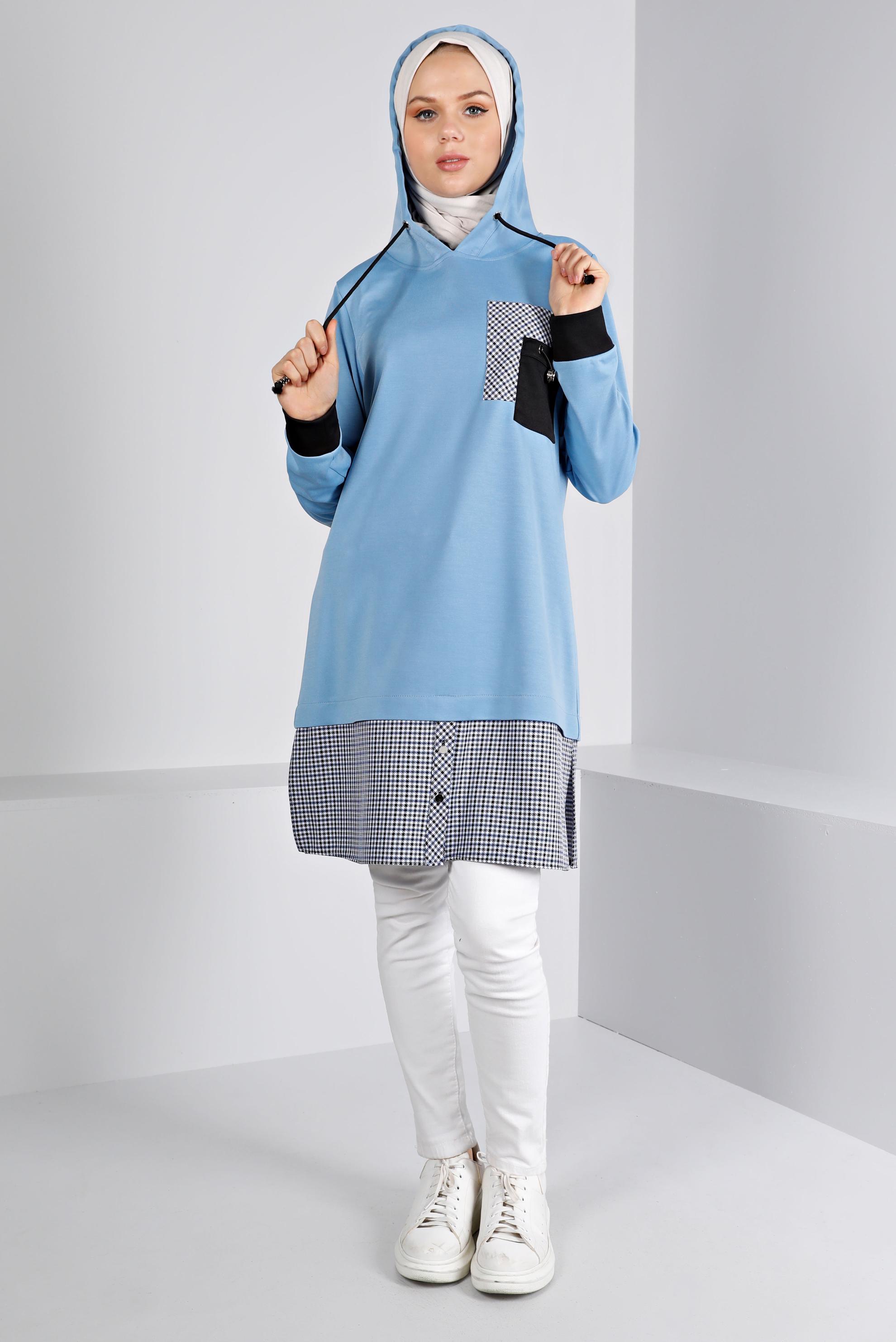 Tesettür giyim MAVİ KAPÜŞONLU EKOSE GÖMLEK PARÇALI TUNİK 43358 