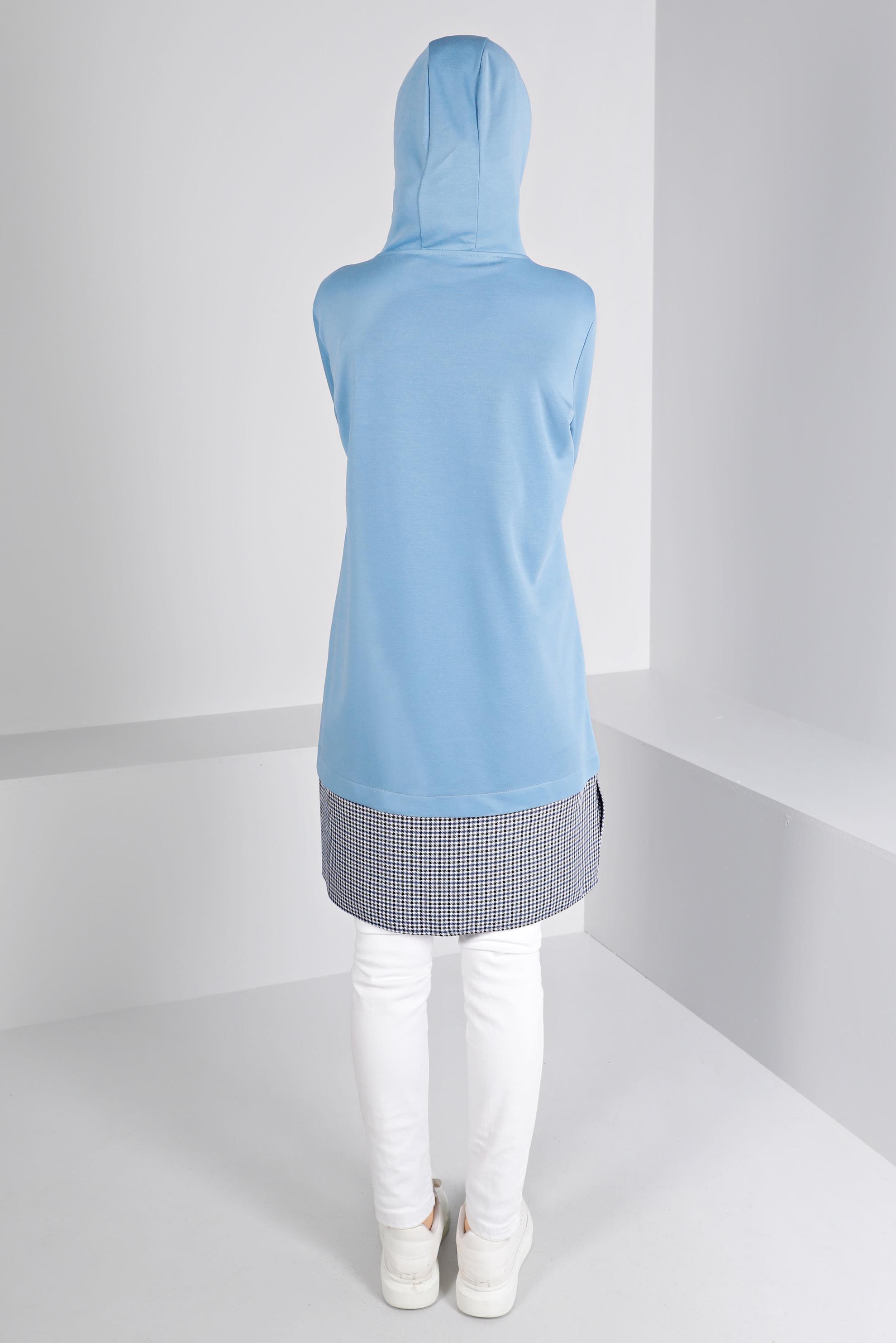 Tesettür giyim MAVİ KAPÜŞONLU EKOSE GÖMLEK PARÇALI TUNİK 43358 