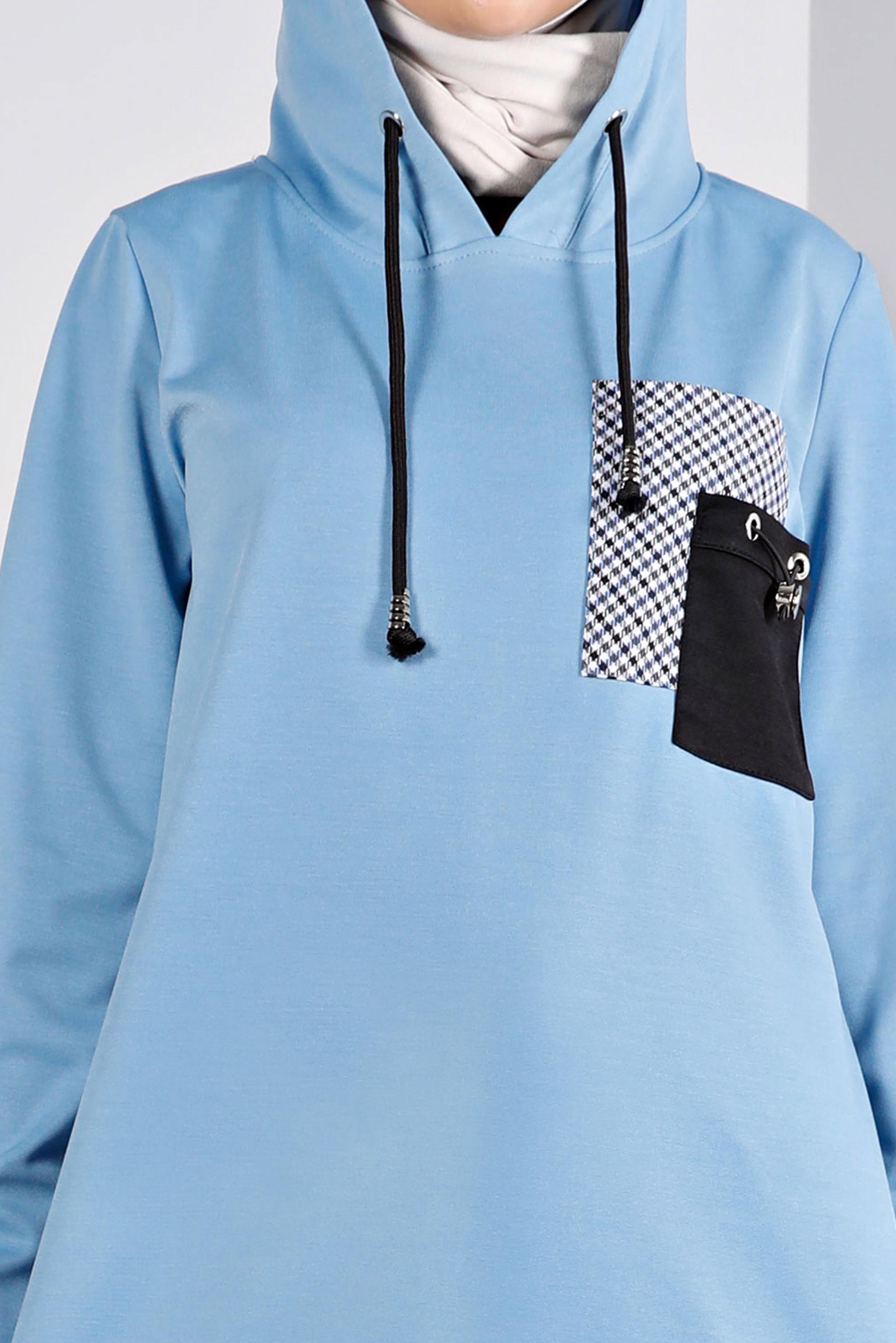 Tesettür giyim MAVİ KAPÜŞONLU EKOSE GÖMLEK PARÇALI TUNİK 43358 