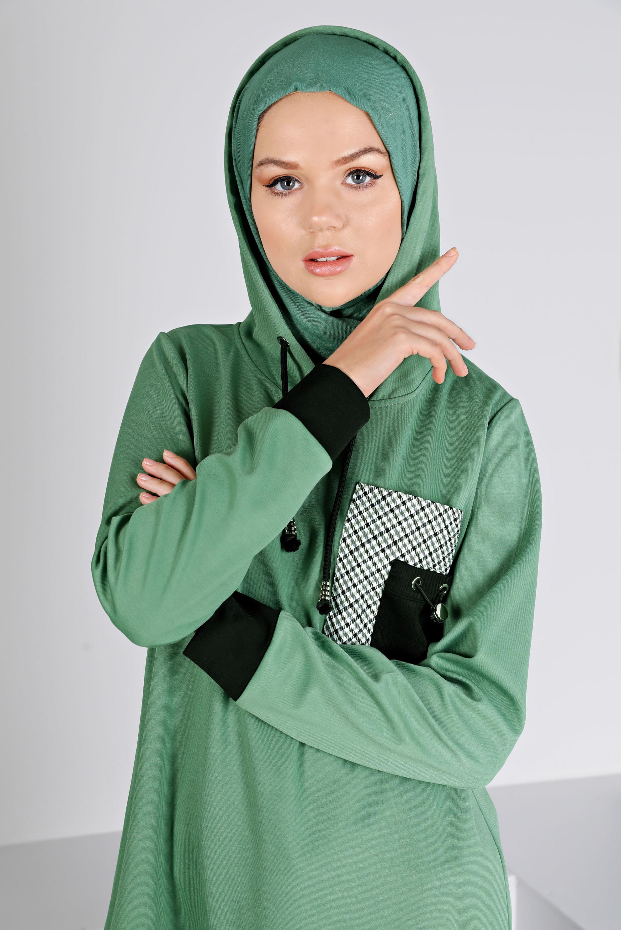 Tesettür giyim YEŞİL KAPÜŞONLU EKOSE GÖMLEK PARÇALI TUNİK 43358 