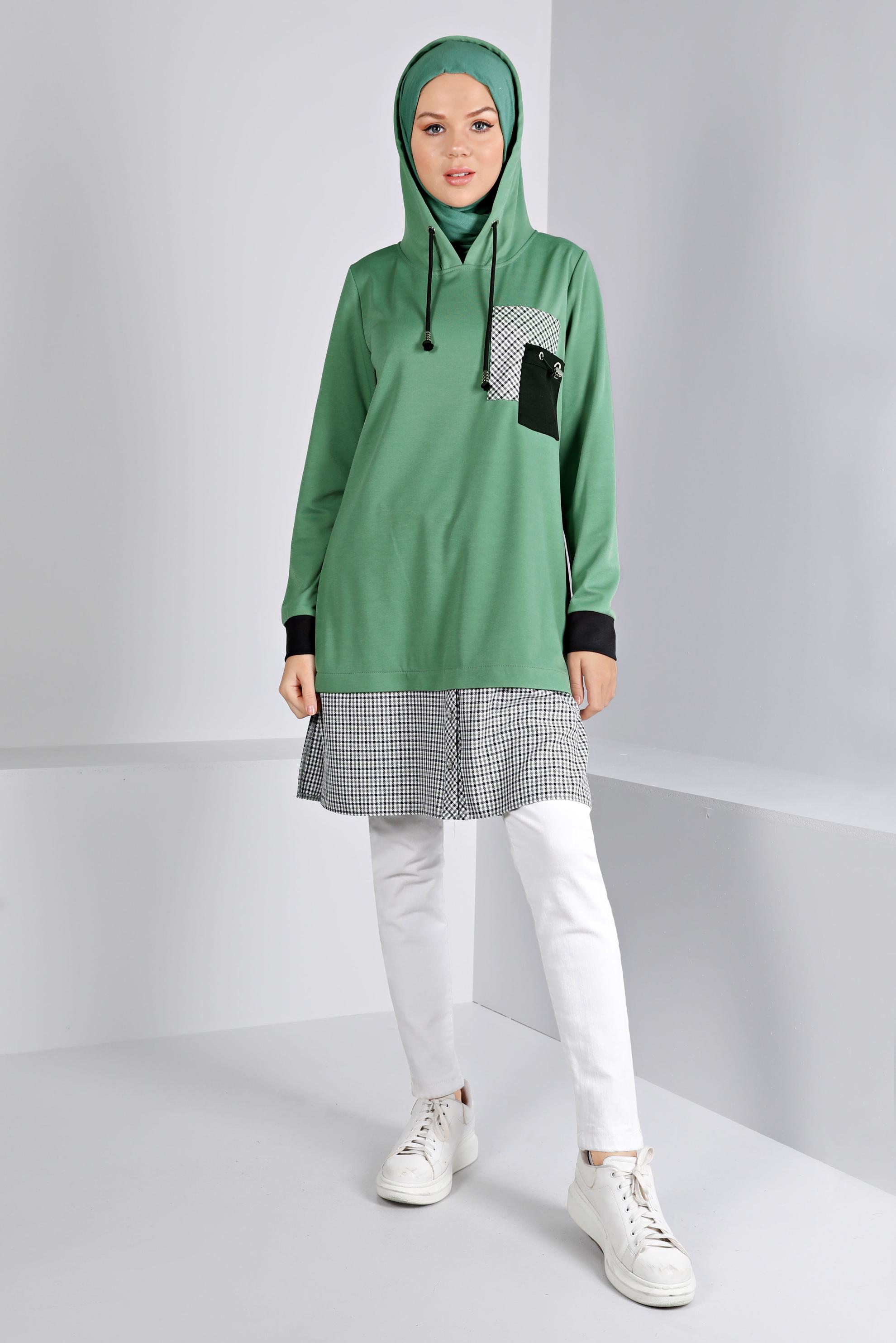 Tesettür giyim YEŞİL KAPÜŞONLU EKOSE GÖMLEK PARÇALI TUNİK 43358 