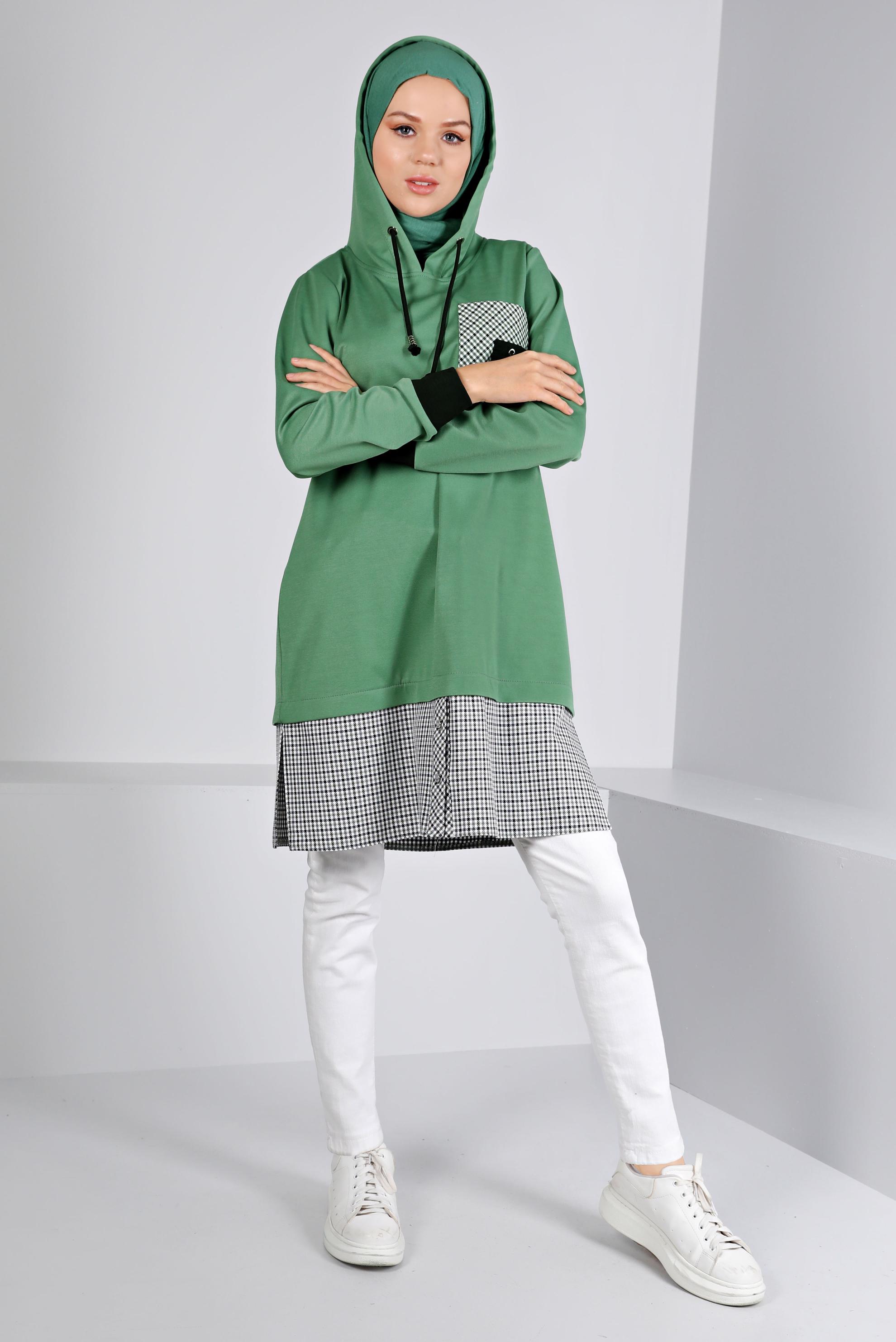 Tesettür giyim YEŞİL KAPÜŞONLU EKOSE GÖMLEK PARÇALI TUNİK 43358 