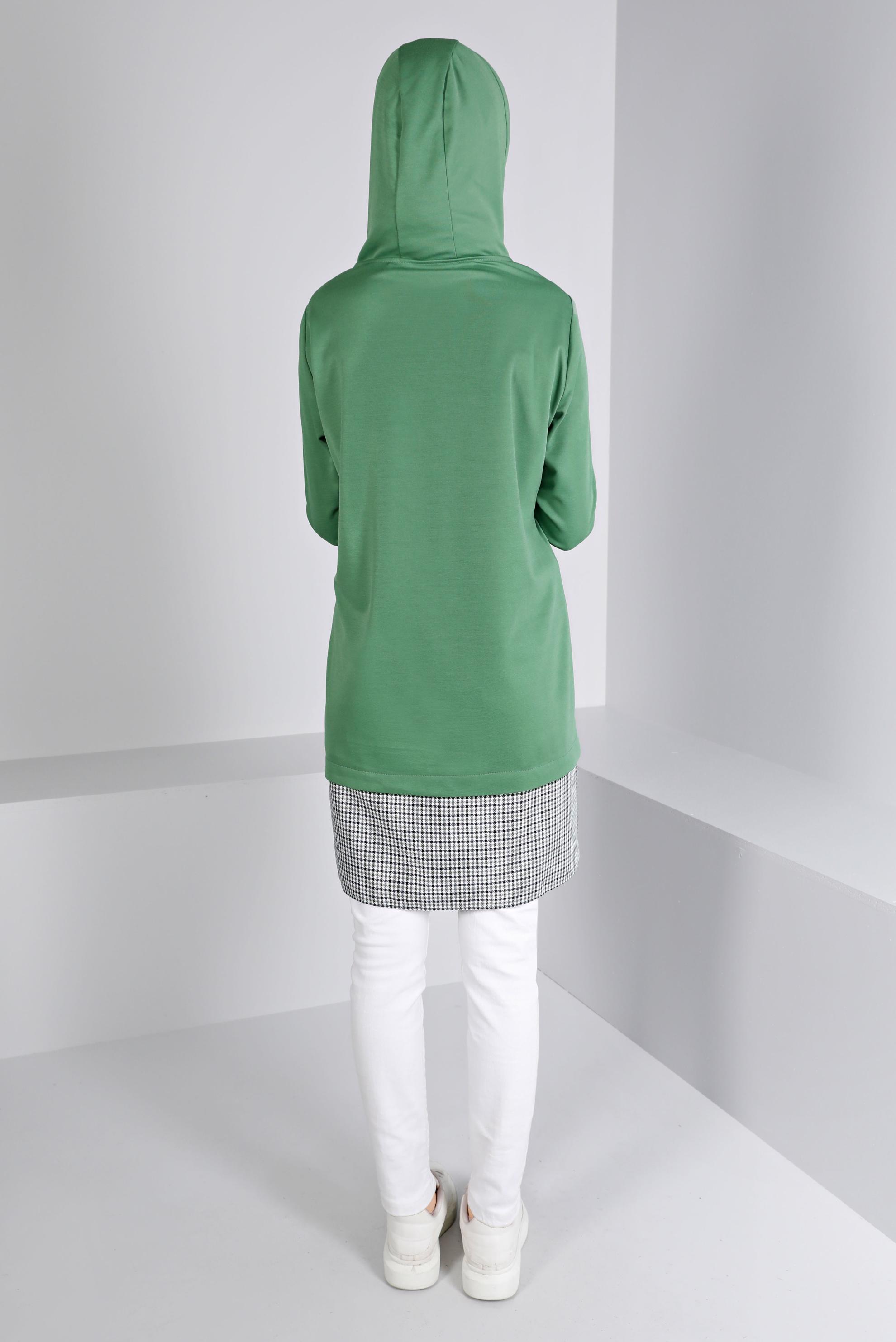 Tesettür giyim YEŞİL KAPÜŞONLU EKOSE GÖMLEK PARÇALI TUNİK 43358 