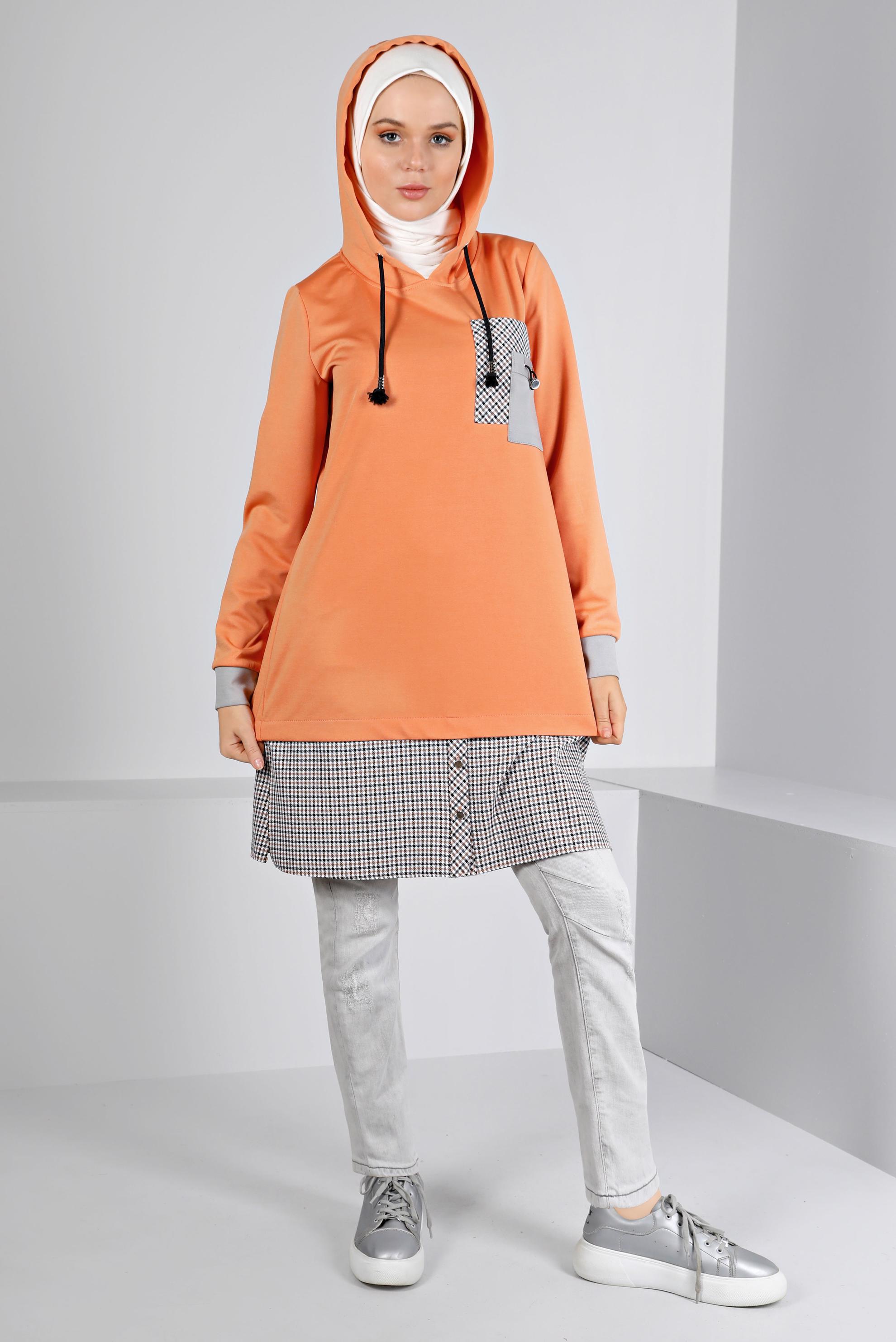 Tesettür giyim TURUNCU KAPÜŞONLU EKOSE GÖMLEK PARÇALI TUNİK 43358 