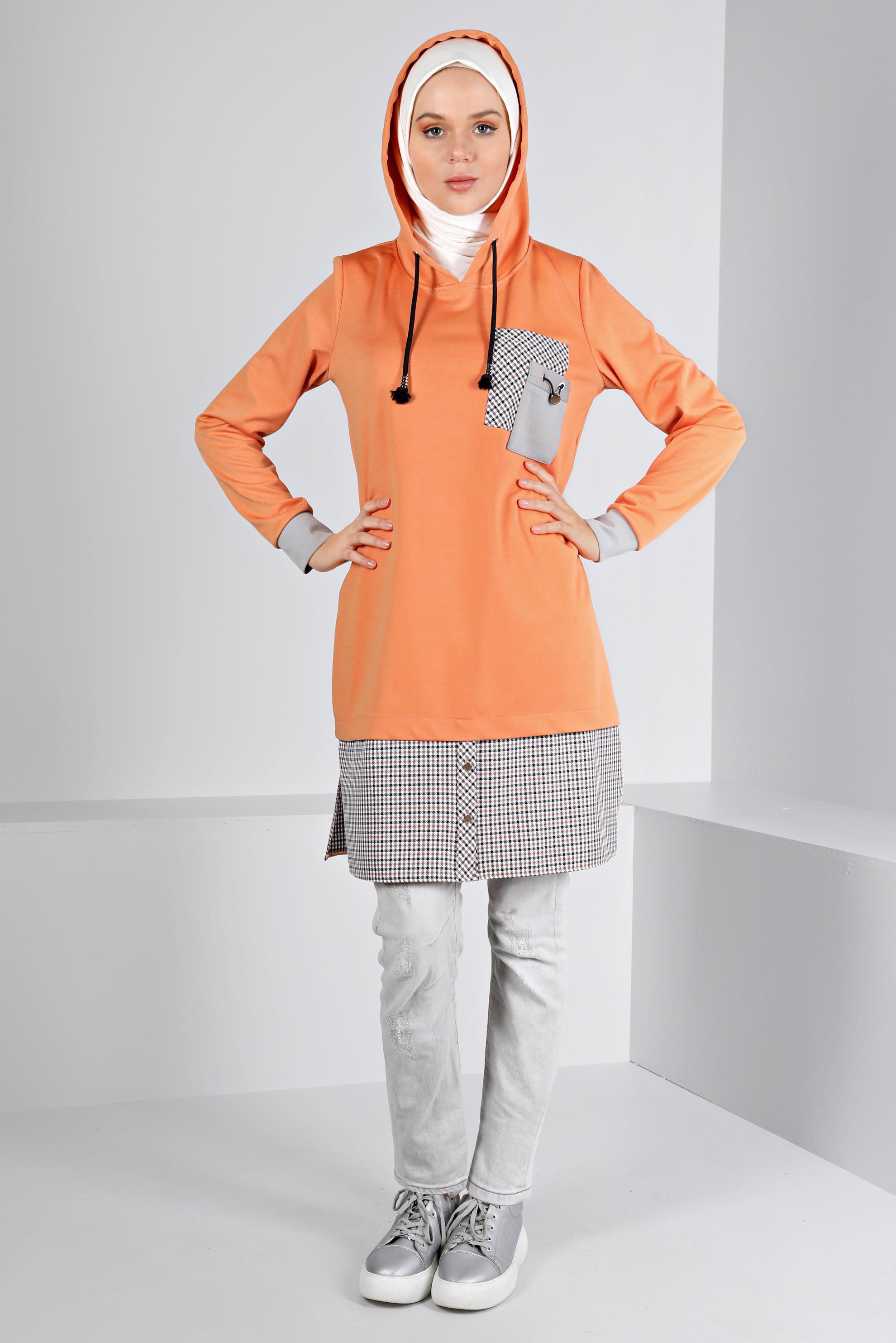Tesettür giyim TURUNCU KAPÜŞONLU EKOSE GÖMLEK PARÇALI TUNİK 43358 