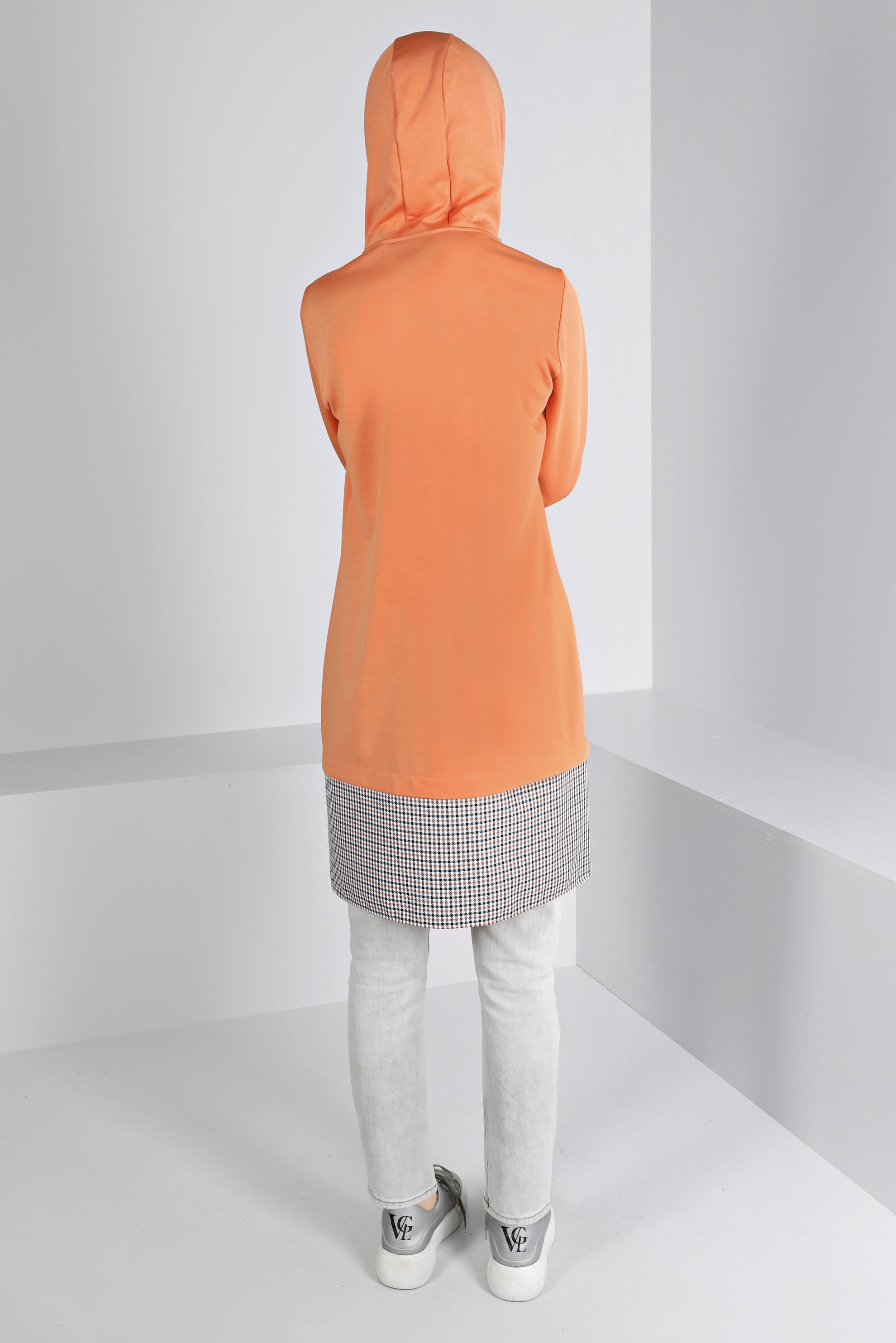 Tesettür giyim TURUNCU KAPÜŞONLU EKOSE GÖMLEK PARÇALI TUNİK 43358 