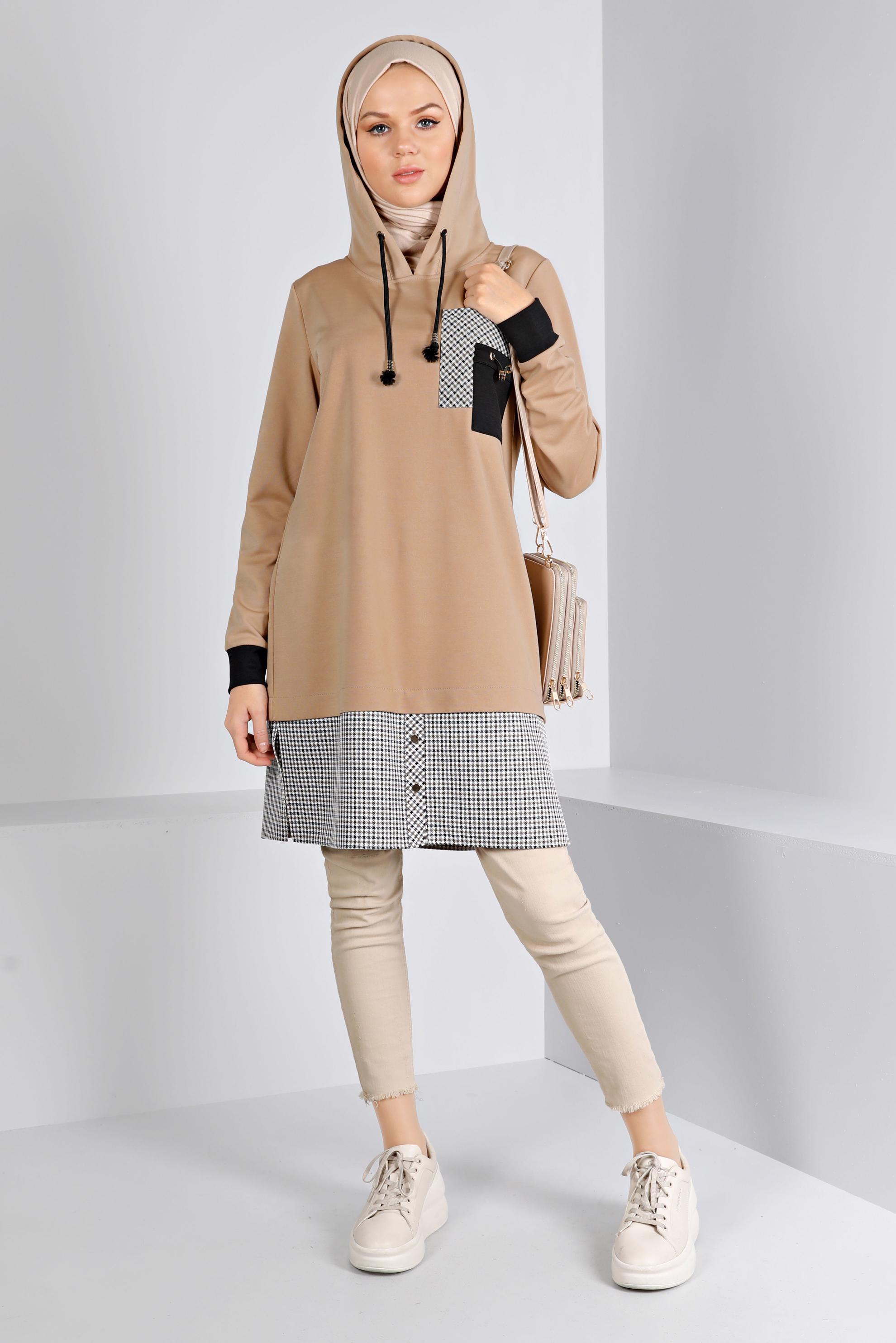 Tesettür giyim KAHVE KAPÜŞONLU EKOSE GÖMLEK PARÇALI TUNİK 43358 