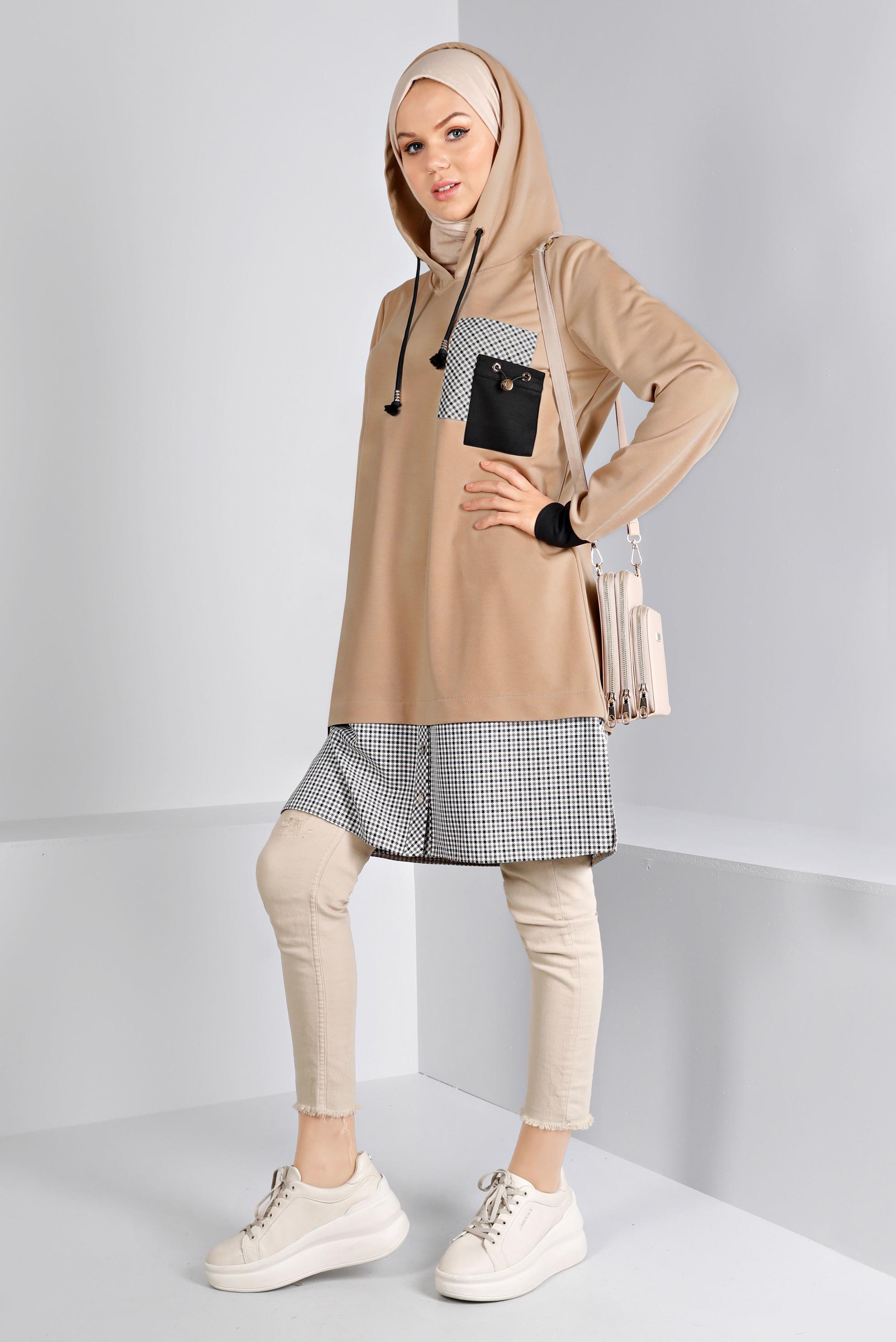 Tesettür giyim KAHVE KAPÜŞONLU EKOSE GÖMLEK PARÇALI TUNİK 43358 