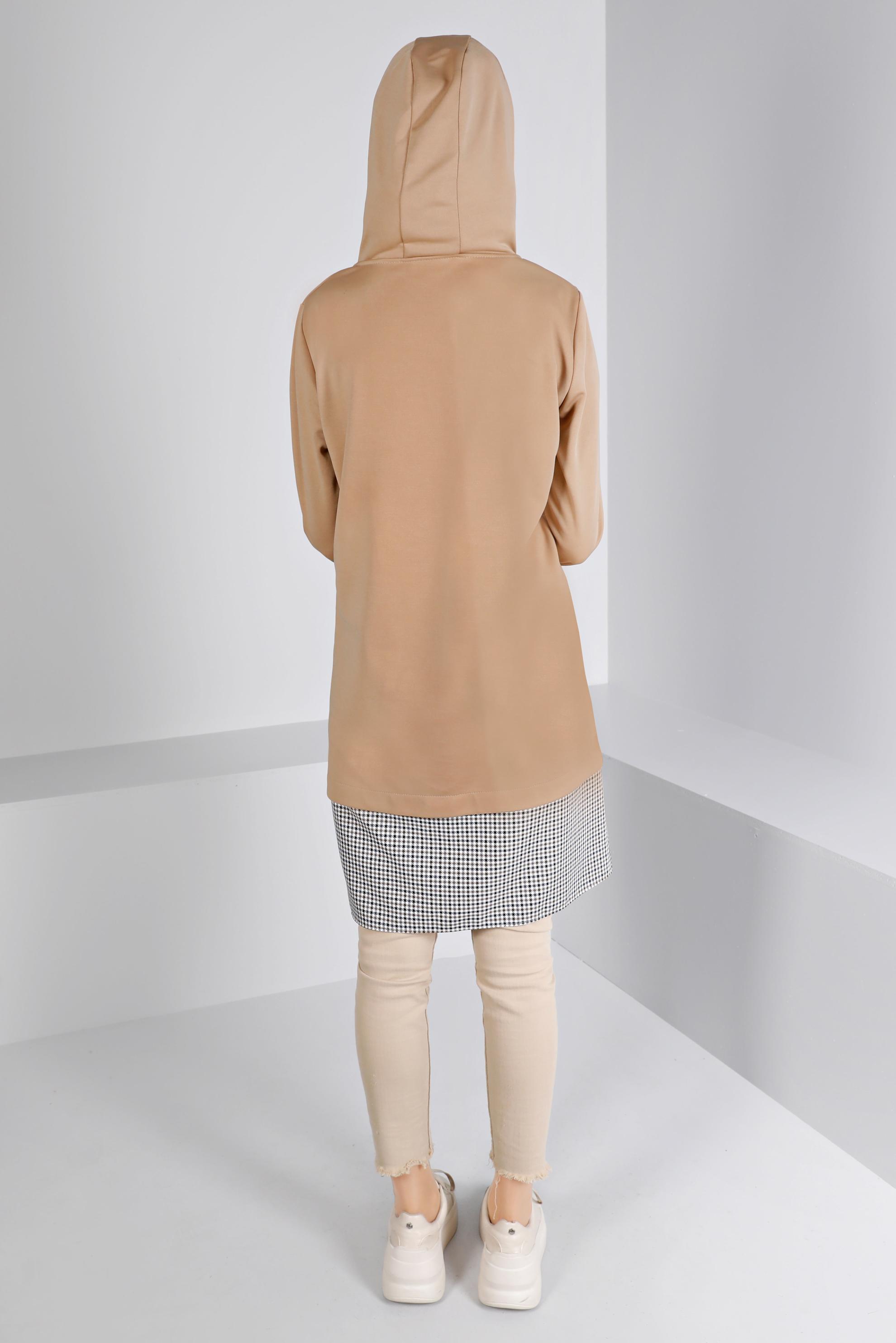 Tesettür giyim KAHVE KAPÜŞONLU EKOSE GÖMLEK PARÇALI TUNİK 43358 