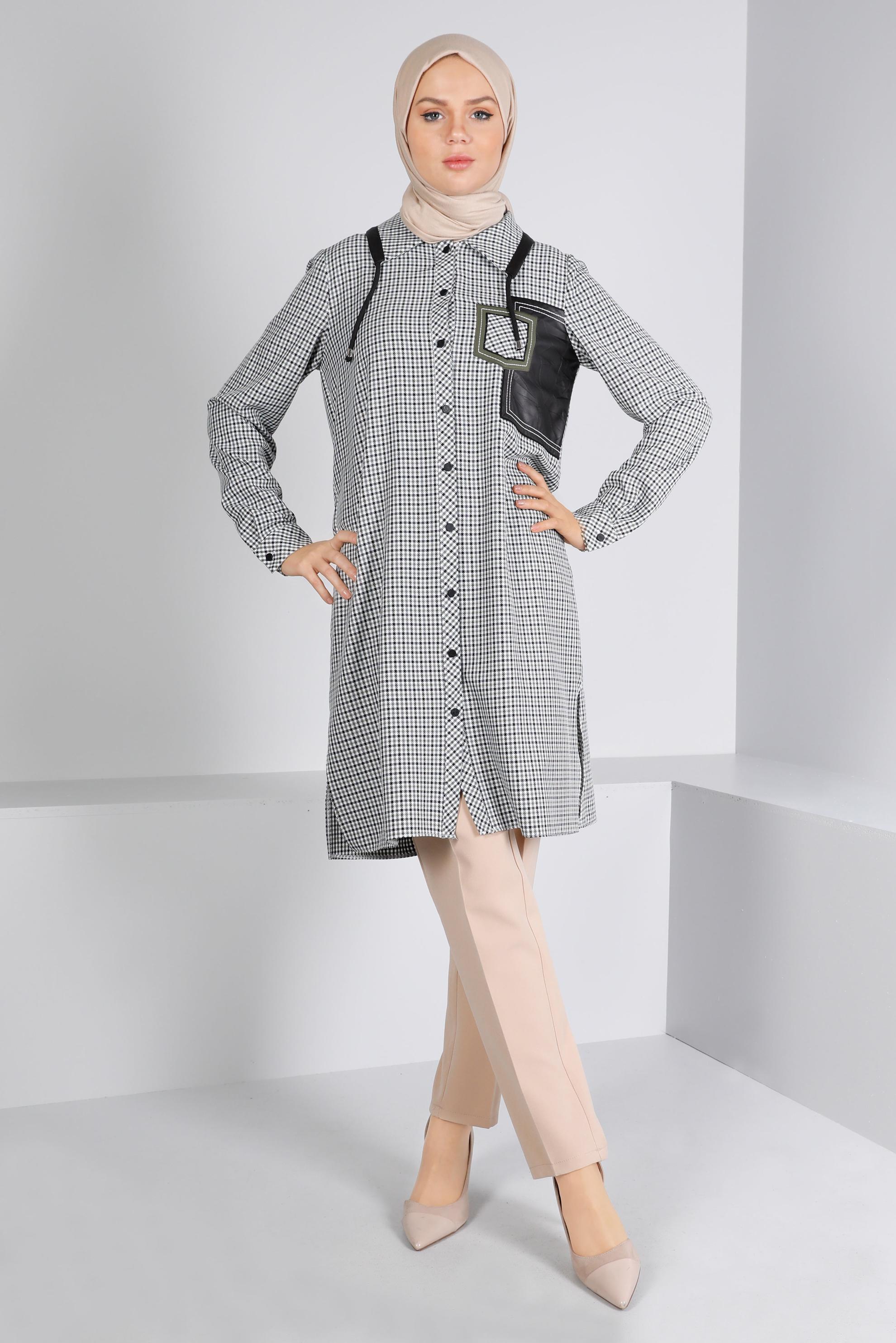 Tesettür giyim YEŞİL DERİ DETAYLI EKOSE TUNİK 43359 