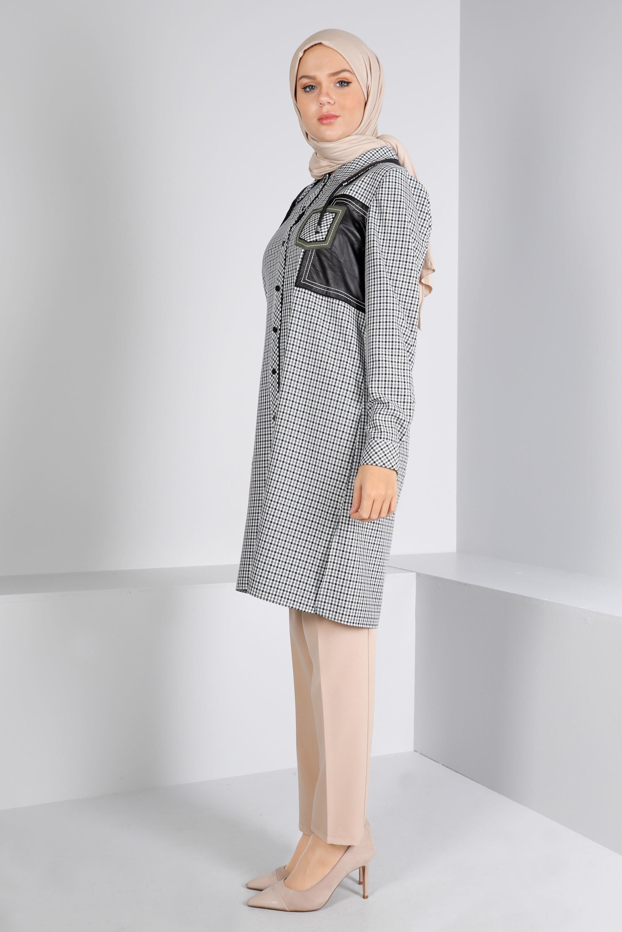 Tesettür giyim YEŞİL DERİ DETAYLI EKOSE TUNİK 43359 