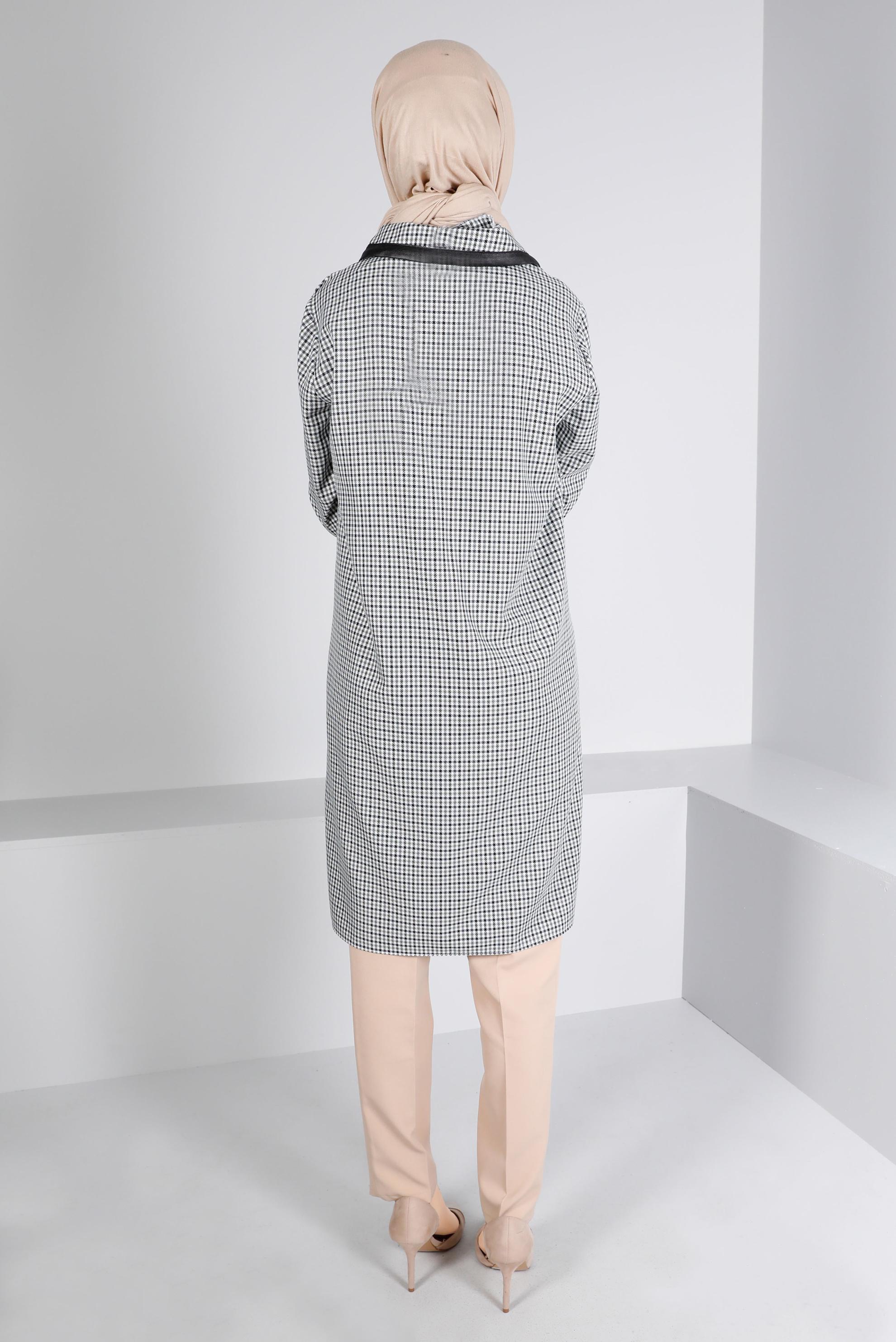 Tesettür giyim YEŞİL DERİ DETAYLI EKOSE TUNİK 43359 