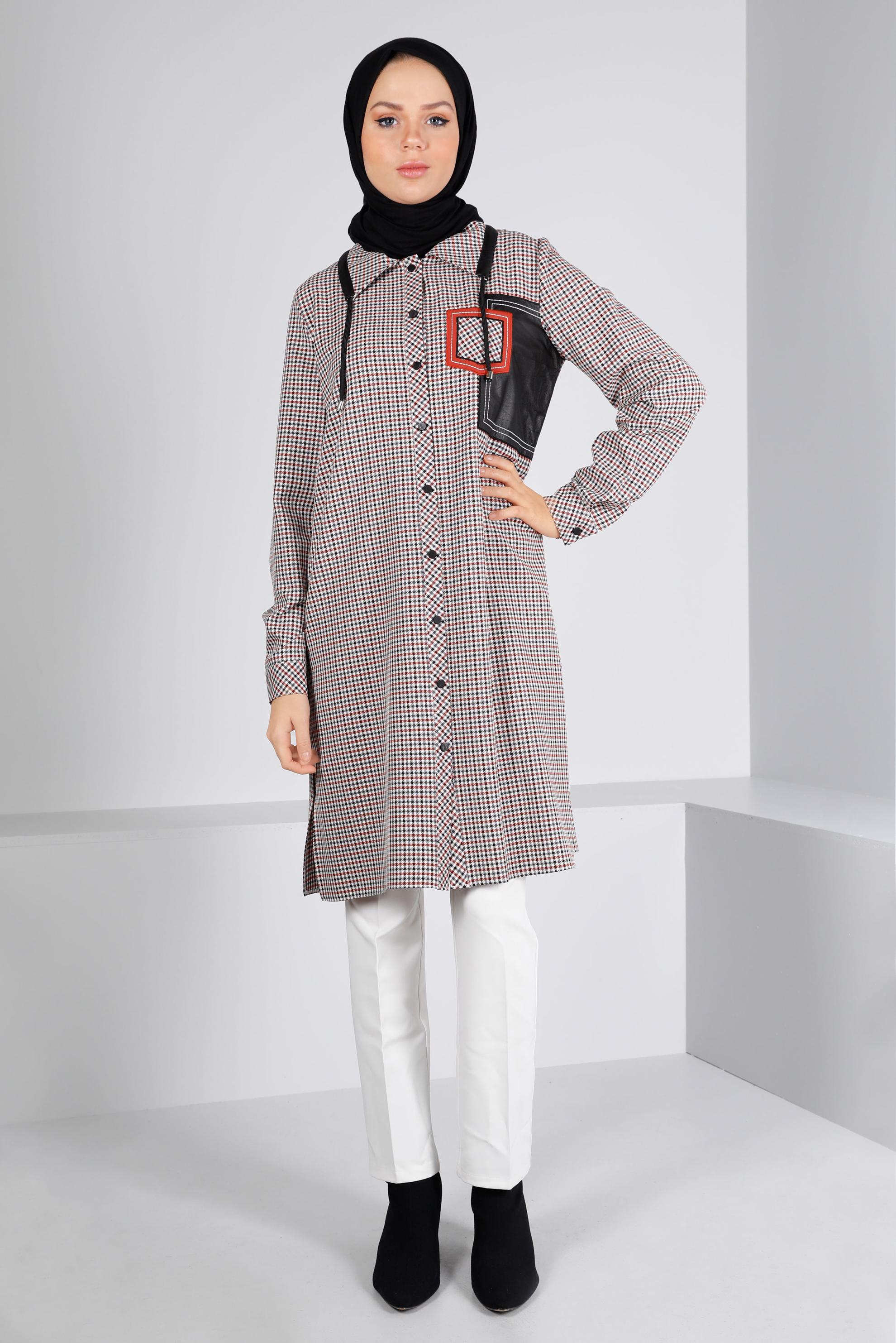 Tesettür giyim KIRMIZI DERİ DETAYLI EKOSE TUNİK 43359 