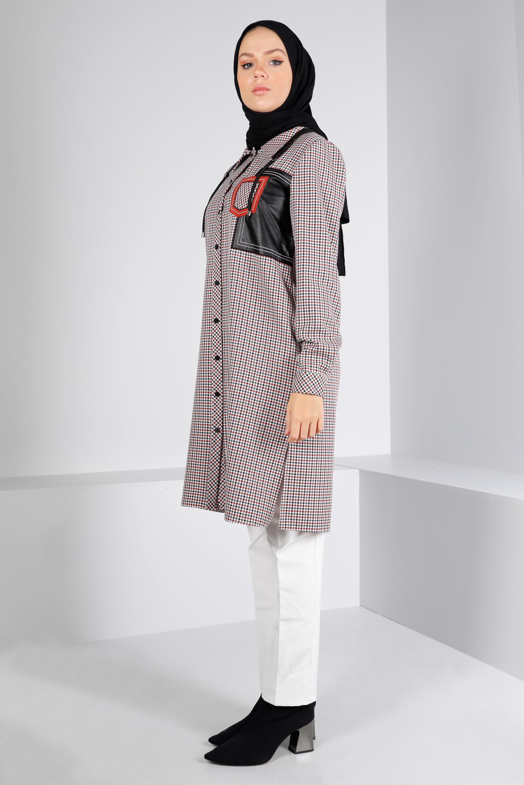 Tesettür giyim KIRMIZI DERİ DETAYLI EKOSE TUNİK 43359 