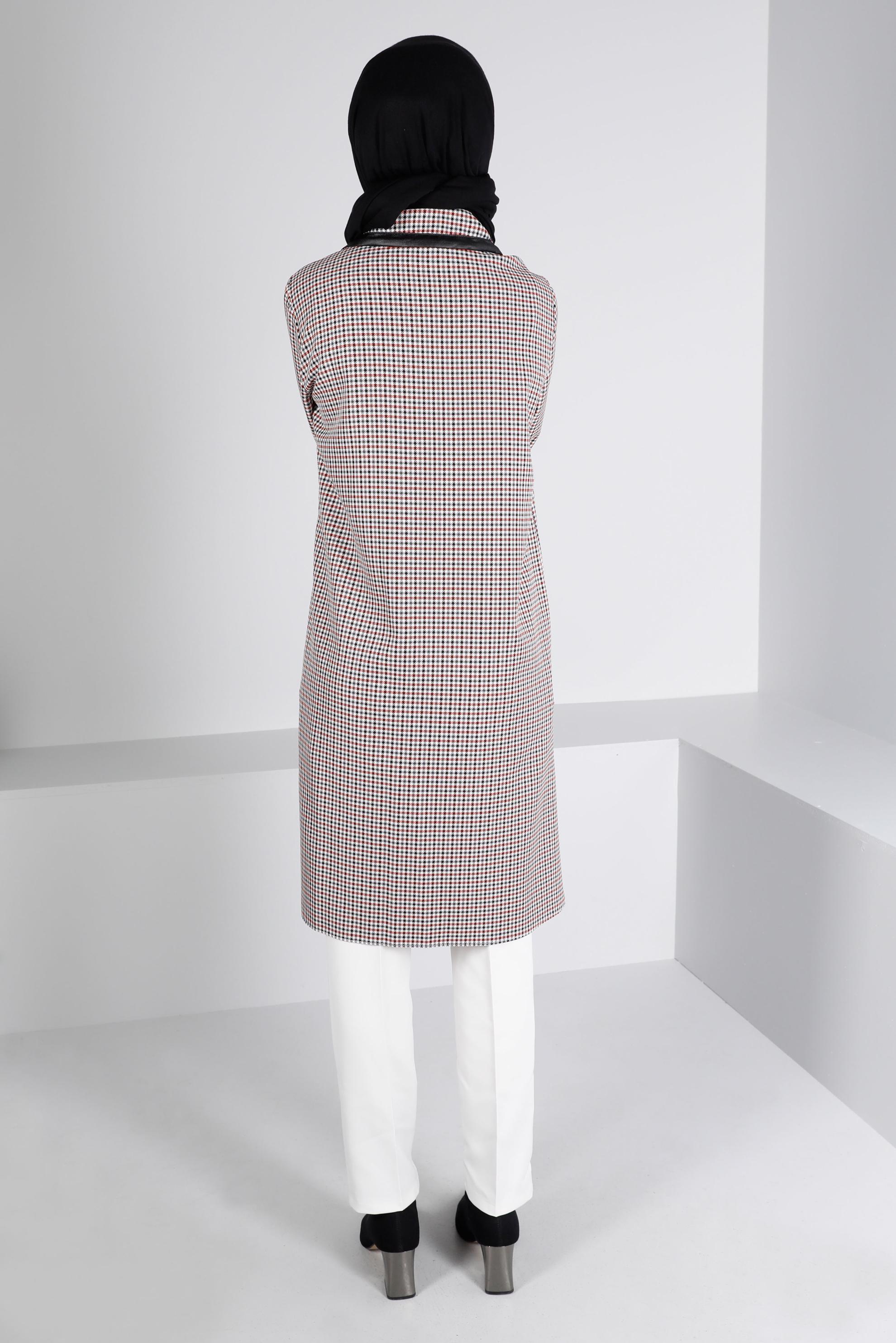 Tesettür giyim KIRMIZI DERİ DETAYLI EKOSE TUNİK 43359 