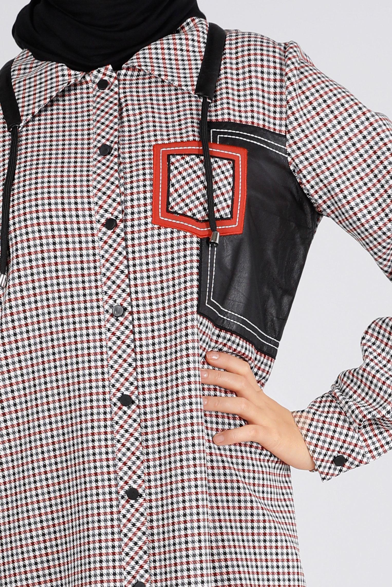 Tesettür giyim KIRMIZI DERİ DETAYLI EKOSE TUNİK 43359 