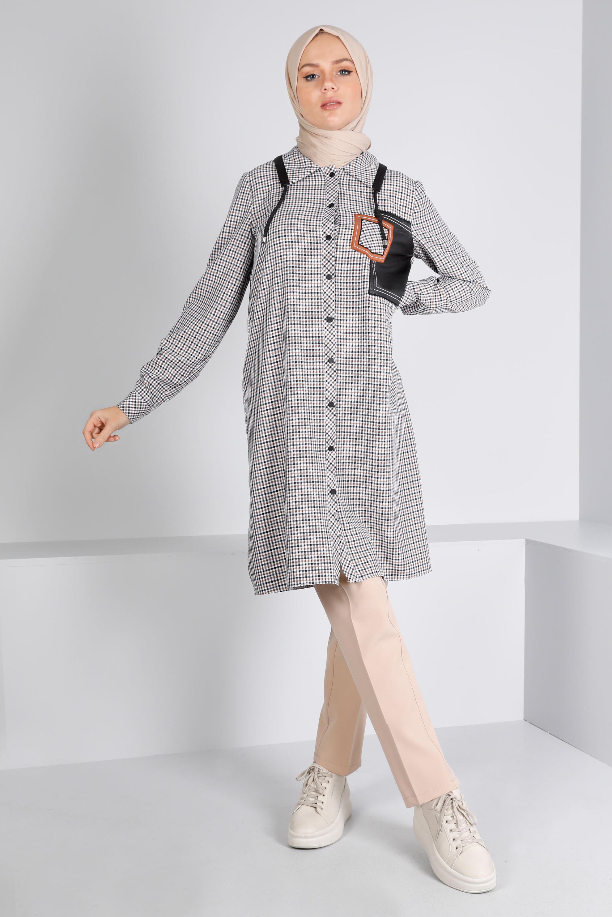 Tesettür giyim SARI DERİ DETAYLI EKOSE TUNİK 43359 