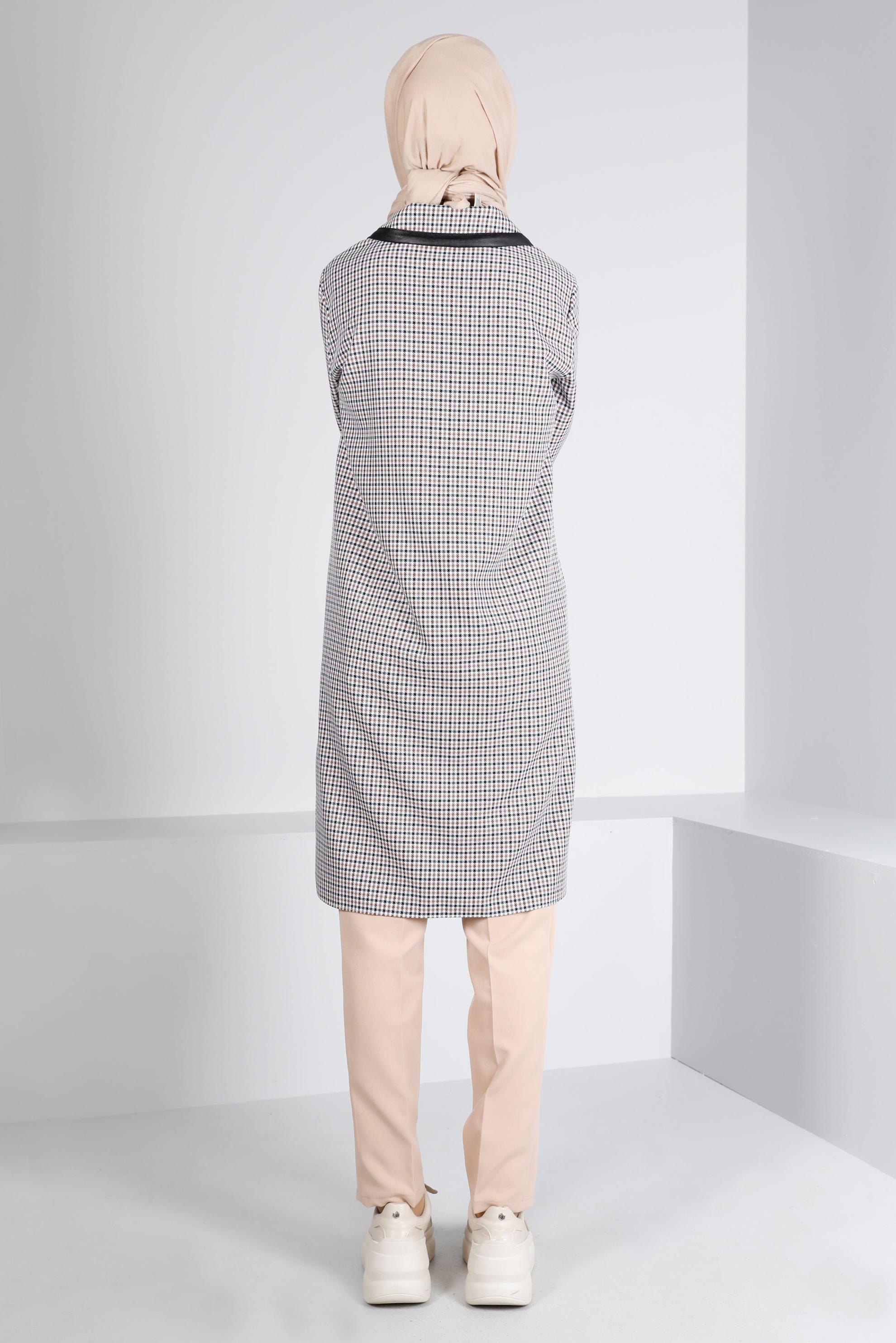 Tesettür giyim SARI DERİ DETAYLI EKOSE TUNİK 43359 