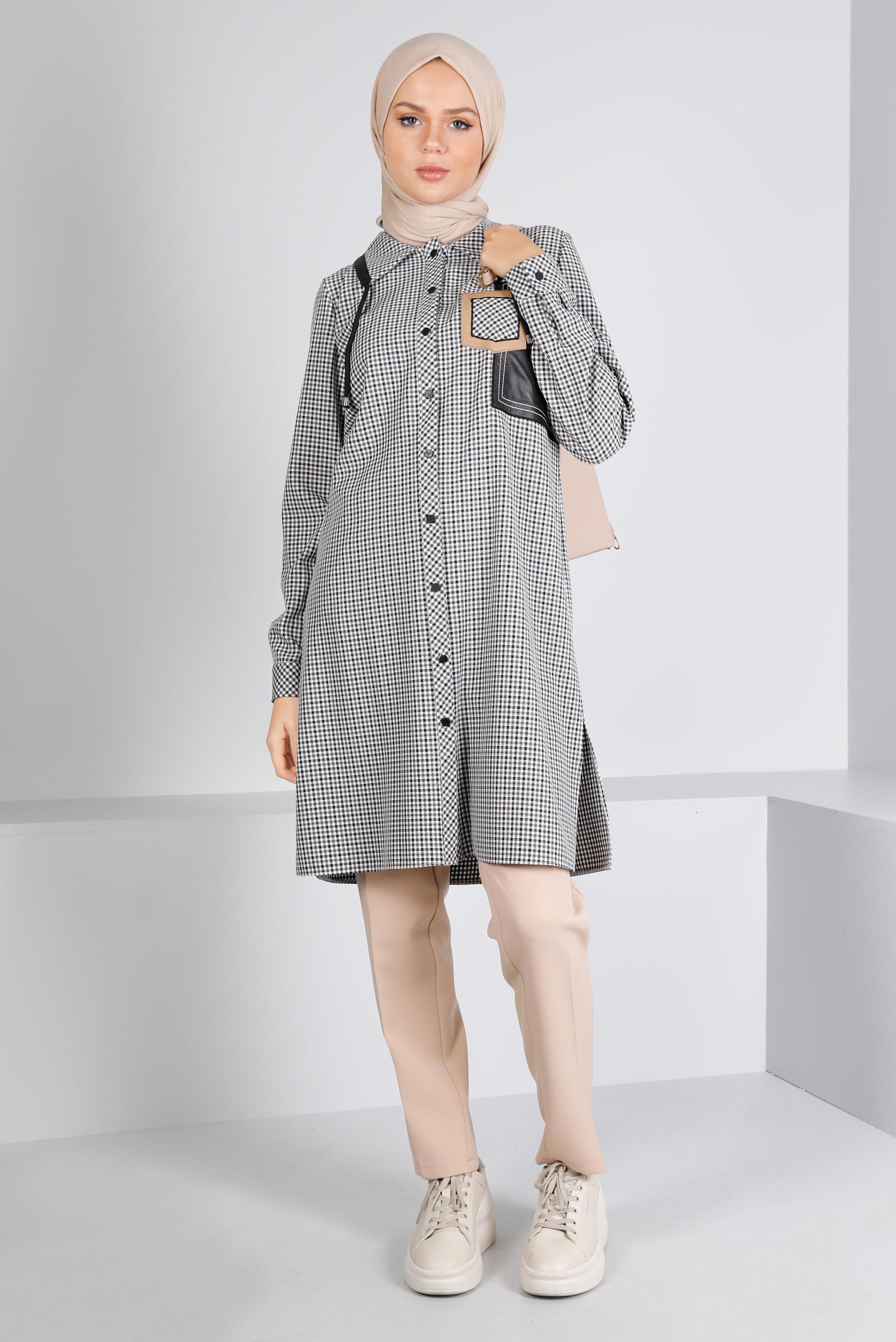 Tesettür giyim KAHVE DERİ DETAYLI EKOSE TUNİK 43359 