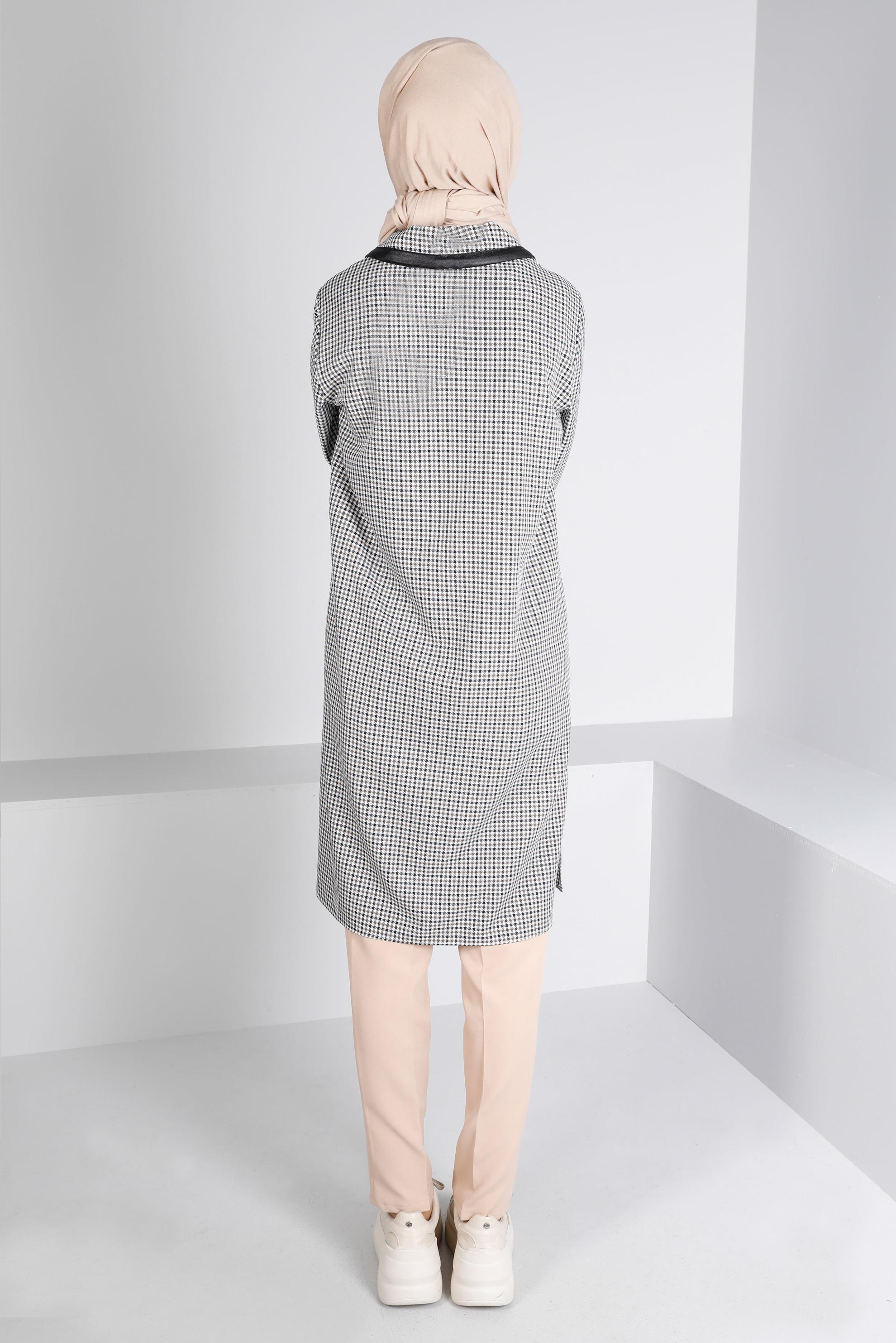 Tesettür giyim KAHVE DERİ DETAYLI EKOSE TUNİK 43359 