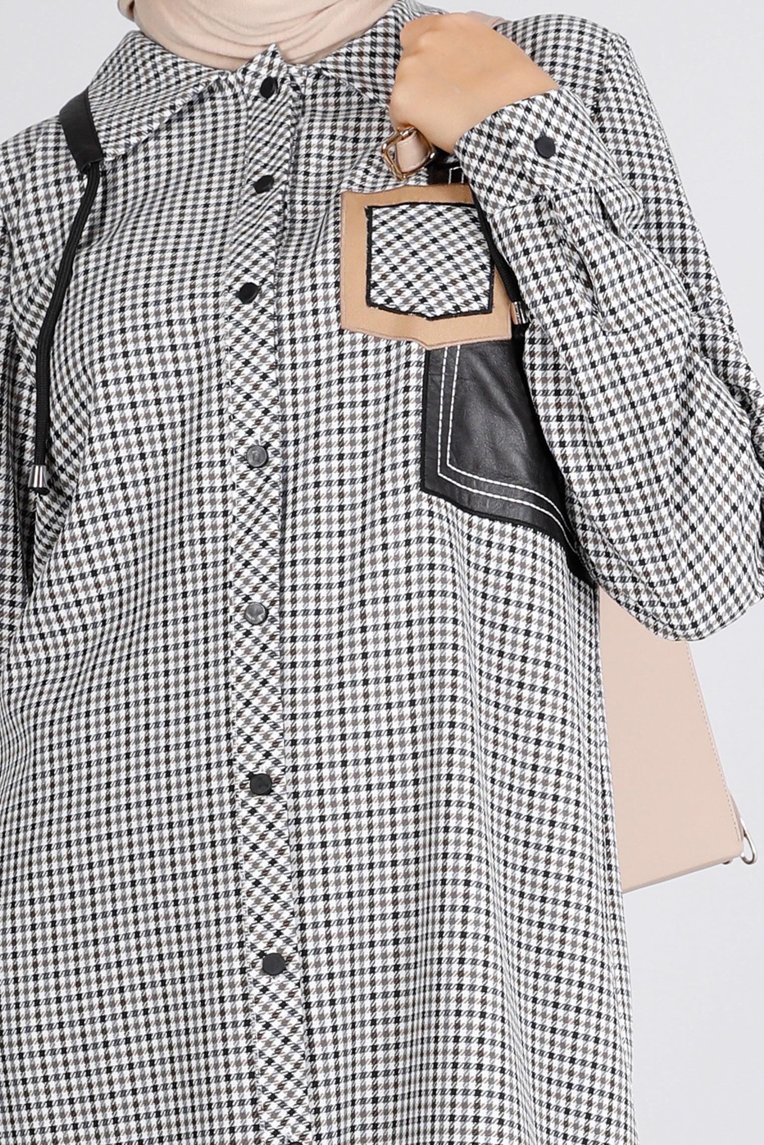 Tesettür giyim KAHVE DERİ DETAYLI EKOSE TUNİK 43359 