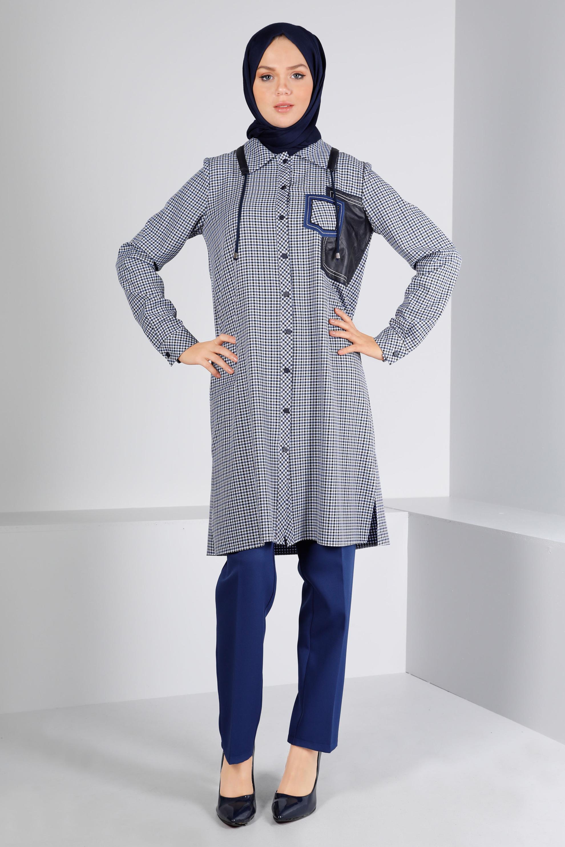 Tesettür giyim LACİVERT DERİ DETAYLI EKOSE TUNİK 43359 