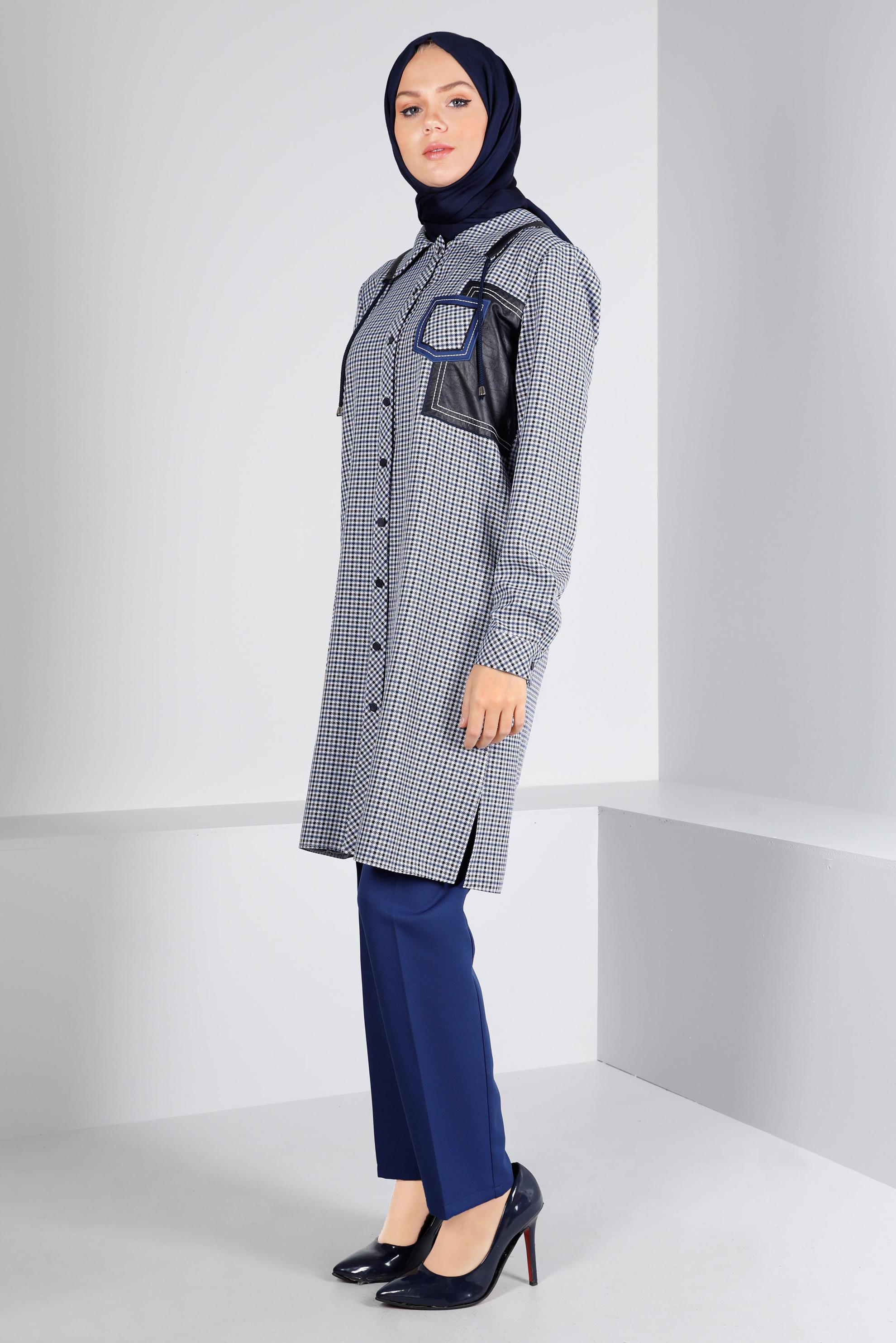 Tesettür giyim LACİVERT DERİ DETAYLI EKOSE TUNİK 43359 