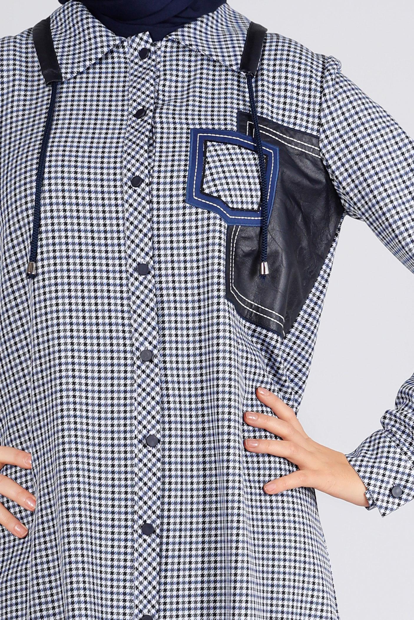 Tesettür giyim LACİVERT DERİ DETAYLI EKOSE TUNİK 43359 