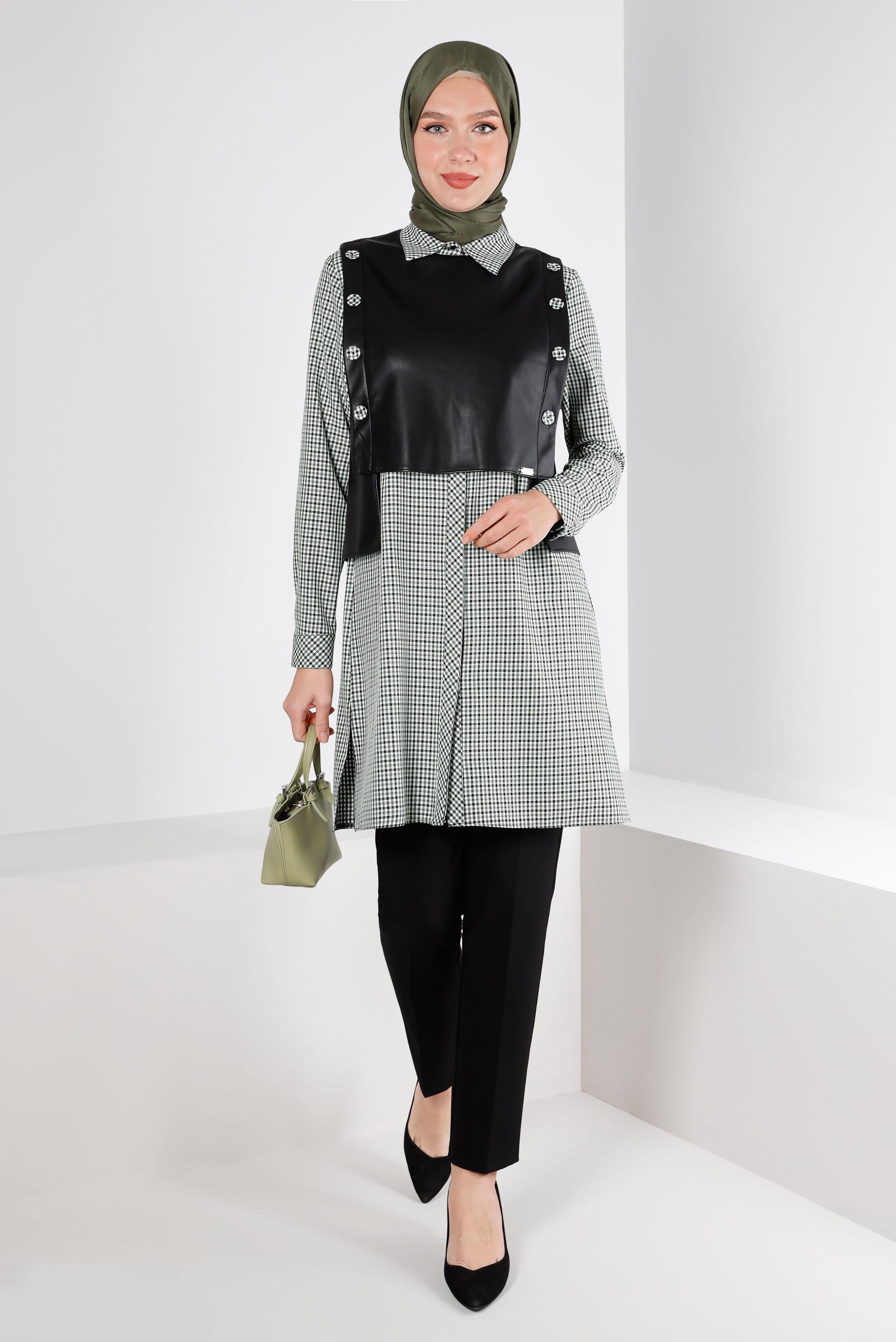 Tesettür giyim YEŞİL EKOSE İKİLİ TUNİK 43360    