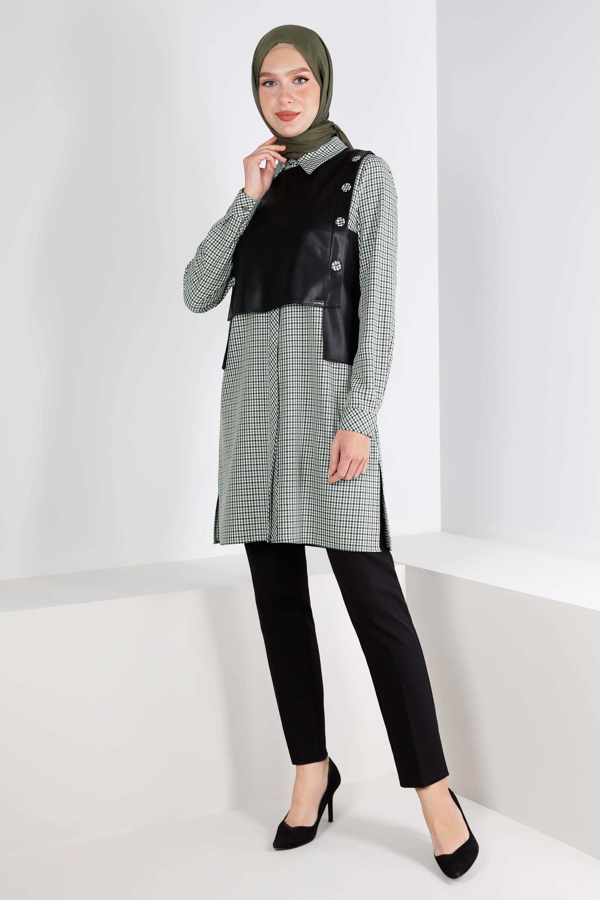 Tesettür giyim YEŞİL EKOSE İKİLİ TUNİK 43360    