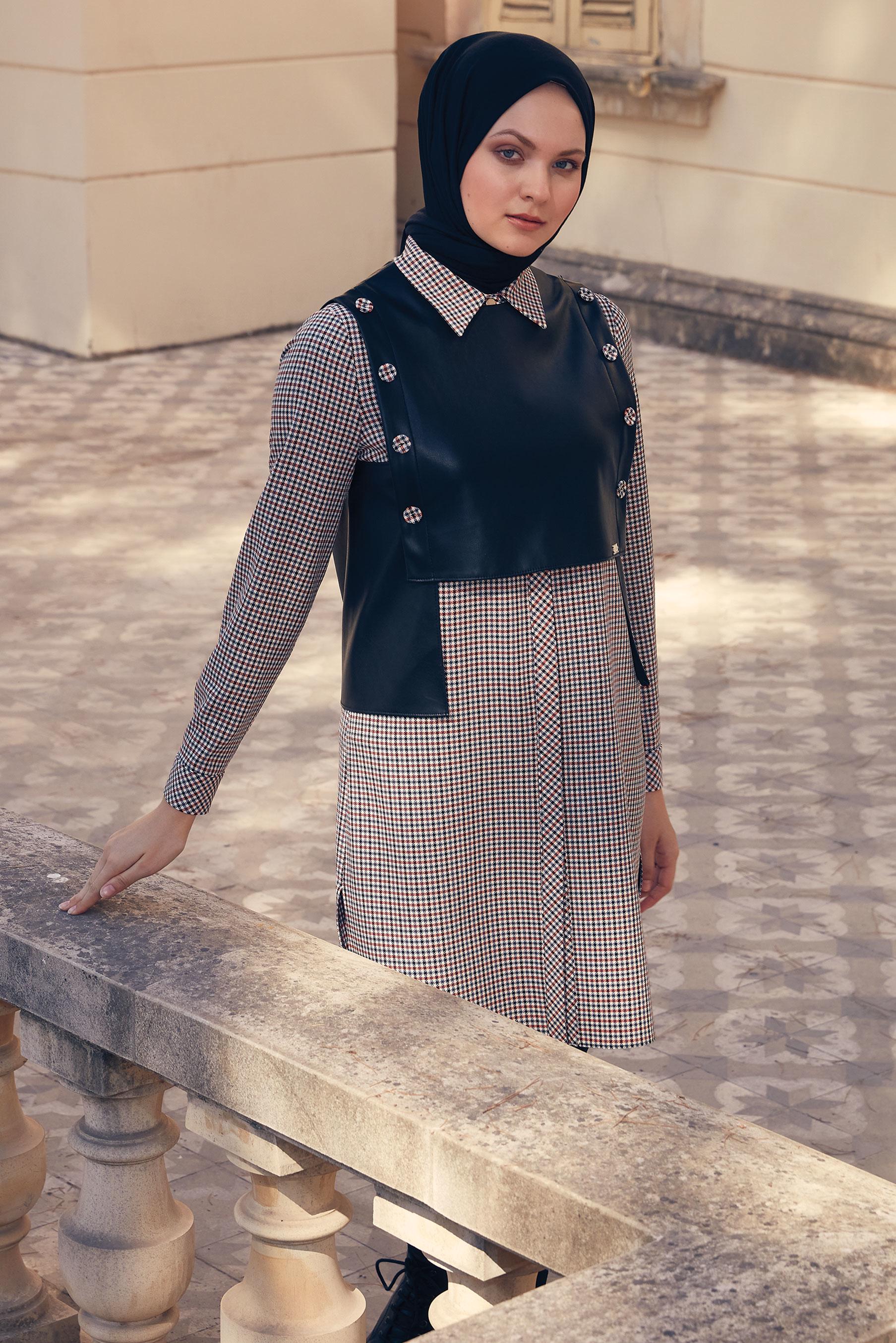 Tesettür giyim KIRMIZI EKOSE İKİLİ TUNİK 43360    