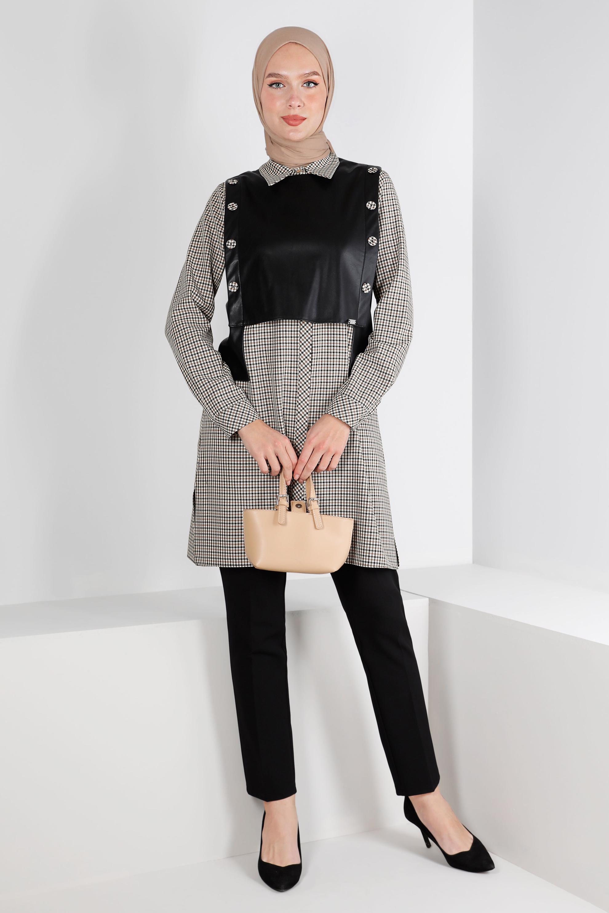 Tesettür giyim SARI EKOSE İKİLİ TUNİK 43360    