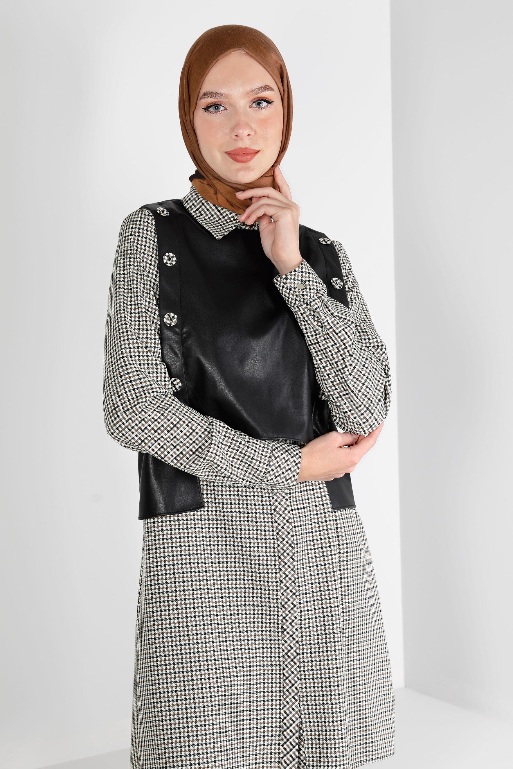 Tesettür giyim KAHVE EKOSE İKİLİ TUNİK 43360    