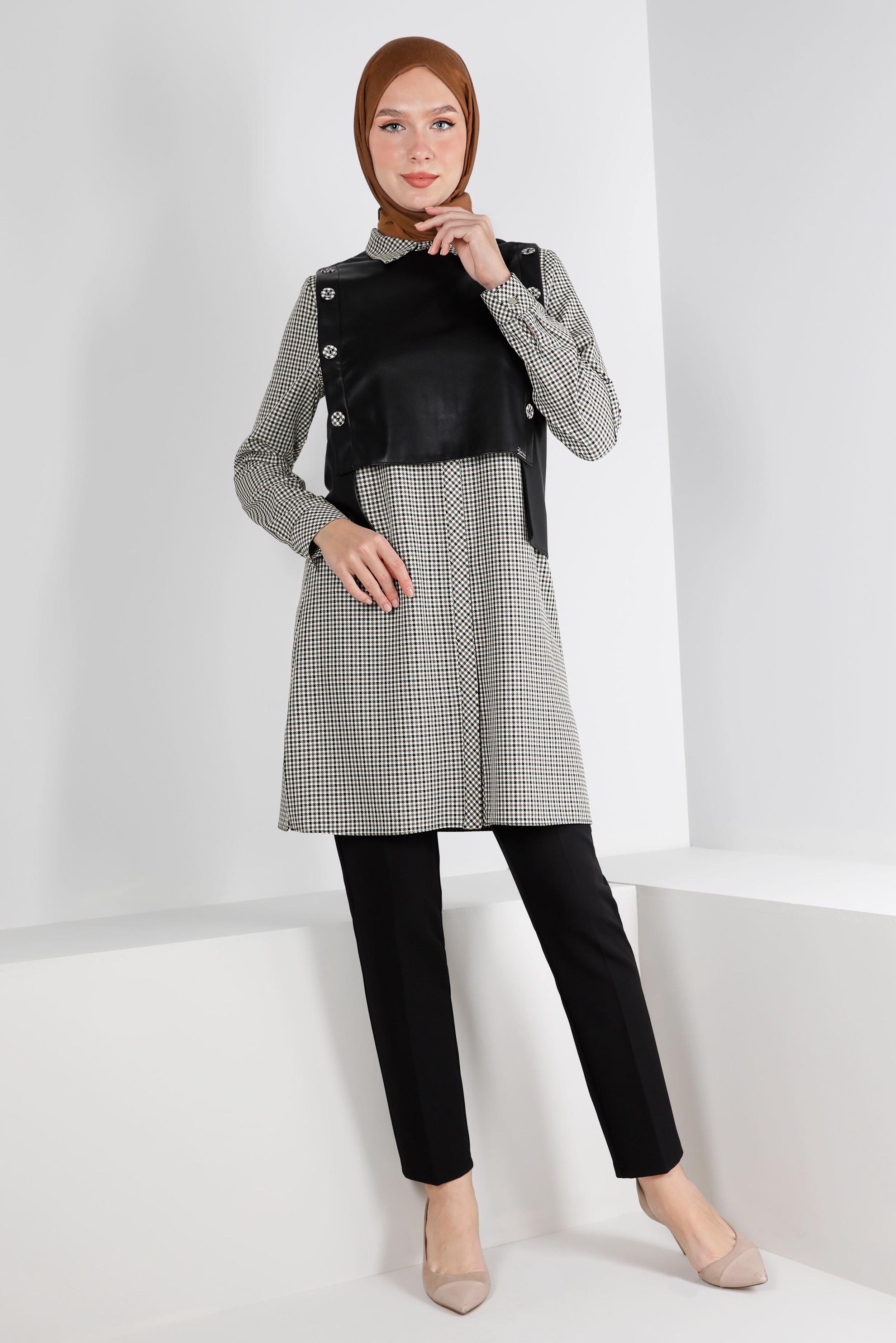 Tesettür giyim KAHVE EKOSE İKİLİ TUNİK 43360    