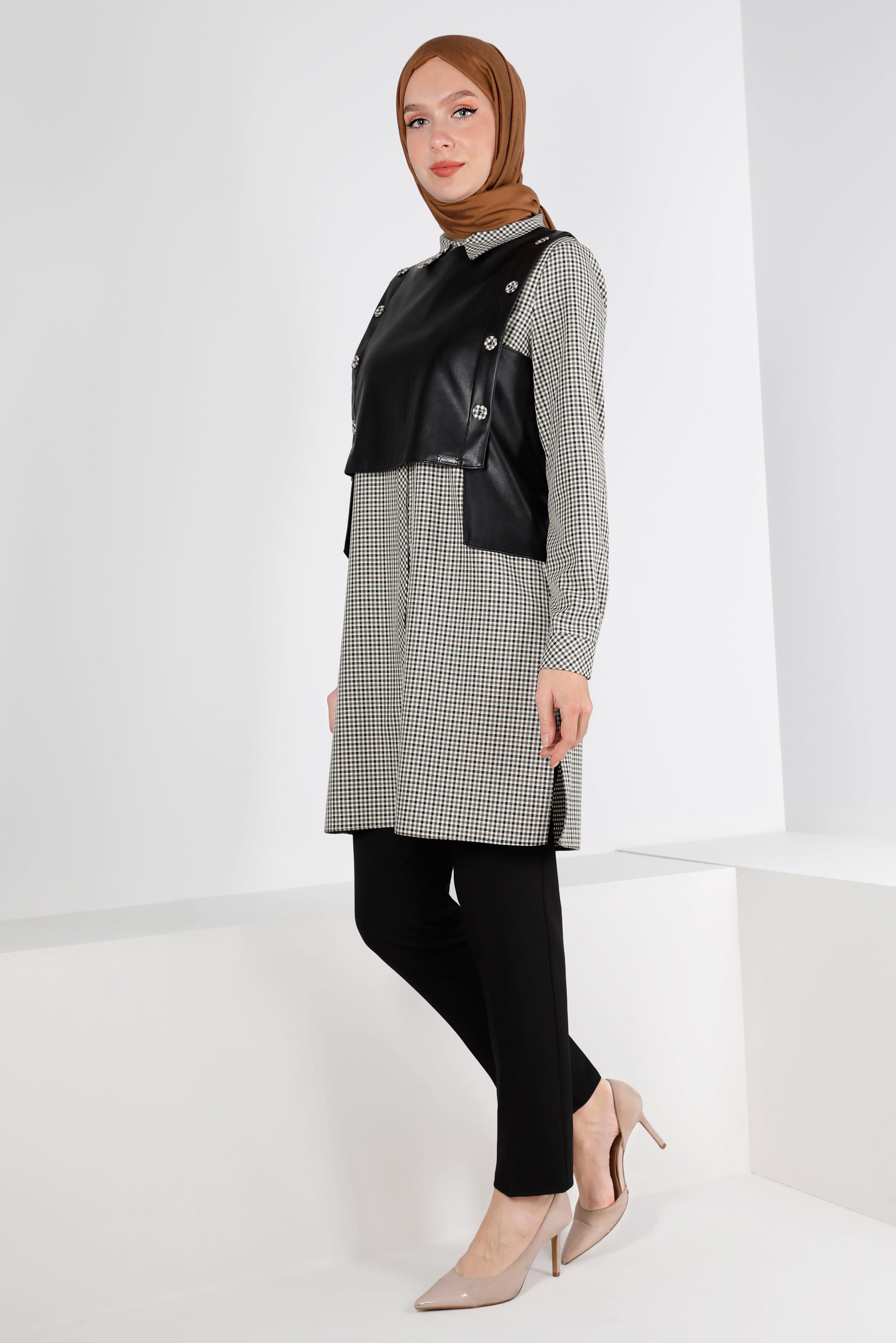 Tesettür giyim KAHVE EKOSE İKİLİ TUNİK 43360    