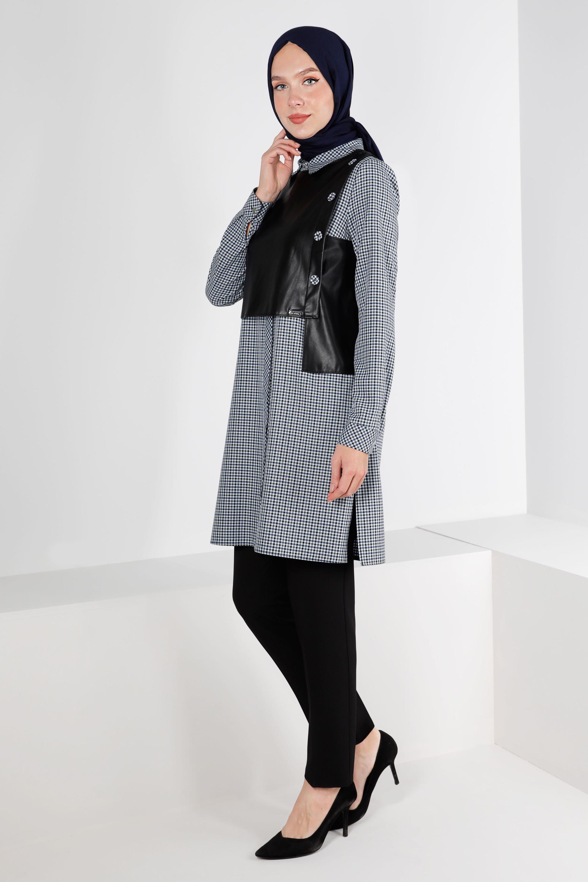 Tesettür giyim LACİVERT EKOSE İKİLİ TUNİK 43360    