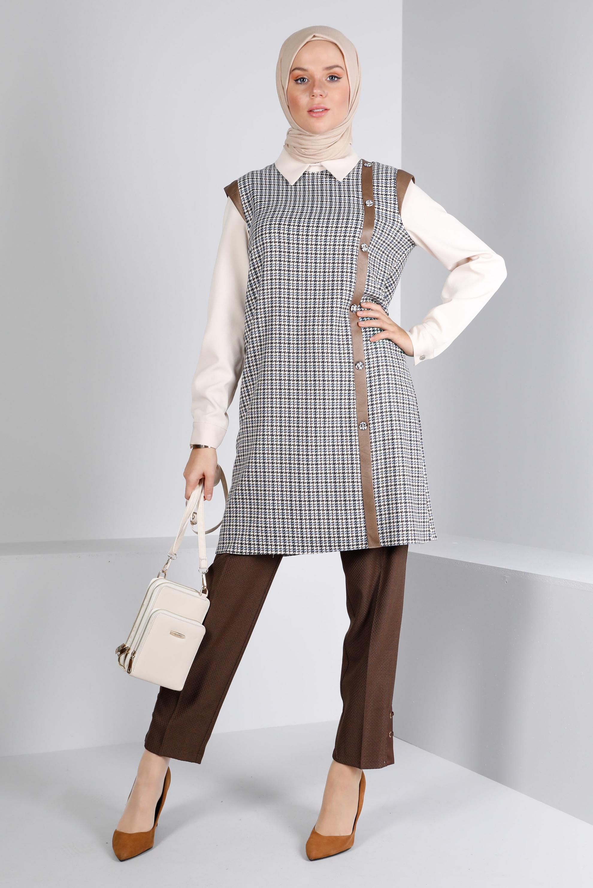 Tesettür giyim MAVİ KAZAYAĞI DESENLİ DÜĞMELİ TUNİK 43361