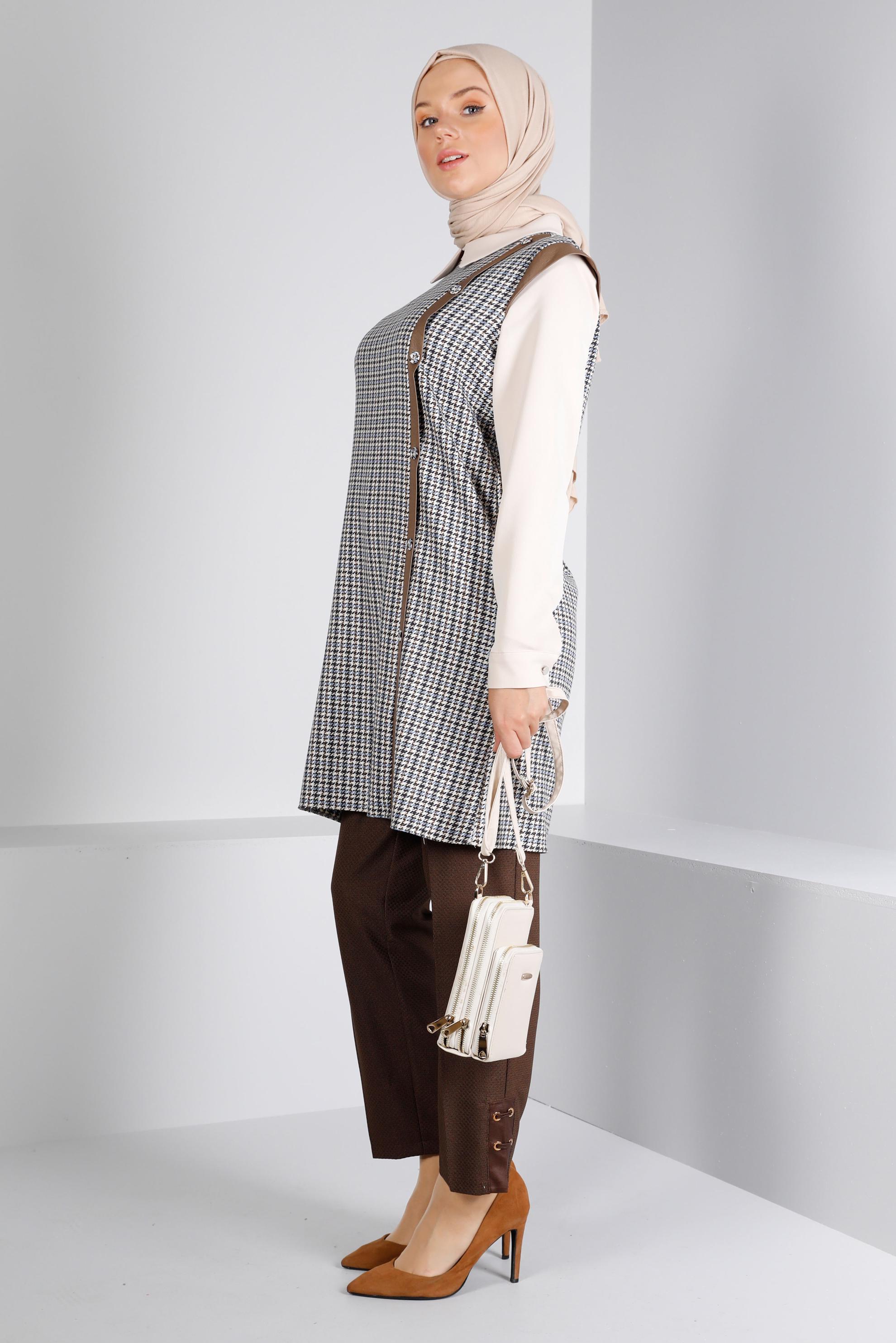 Tesettür giyim MAVİ KAZAYAĞI DESENLİ DÜĞMELİ TUNİK 43361