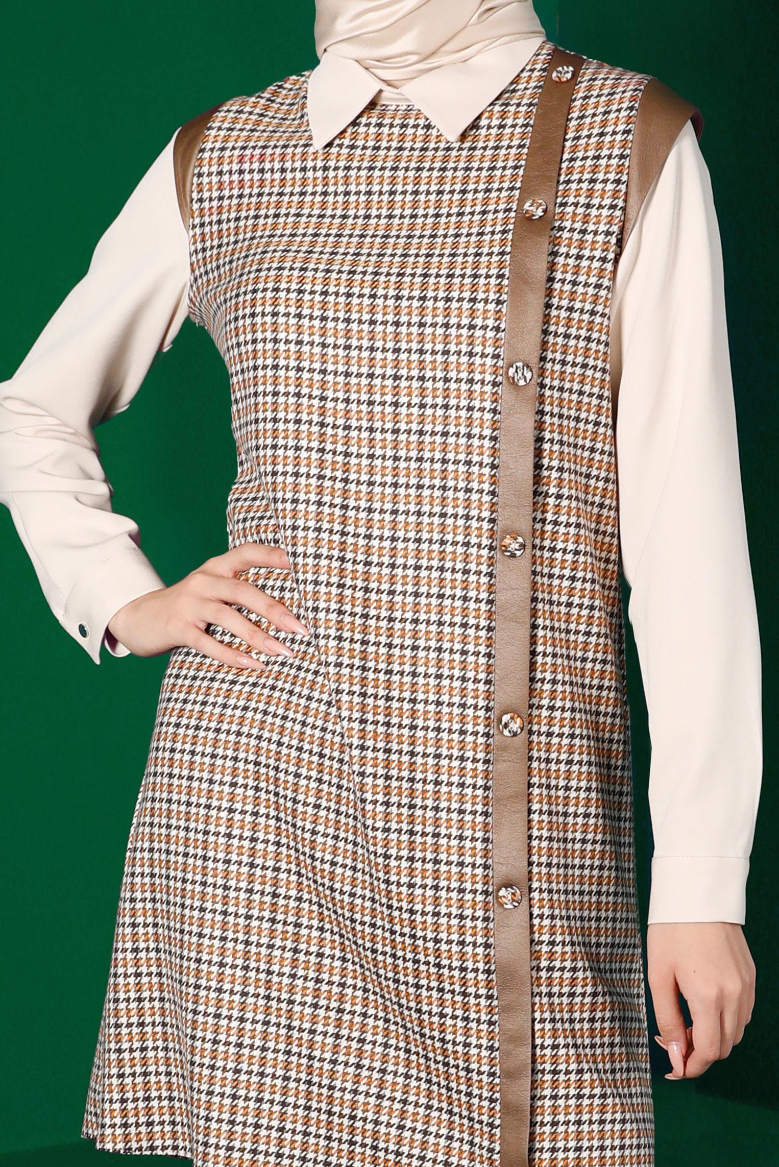 Tesettür giyim TURUNCU KAZAYAĞI DESENLİ DÜĞMELİ TUNİK 43361