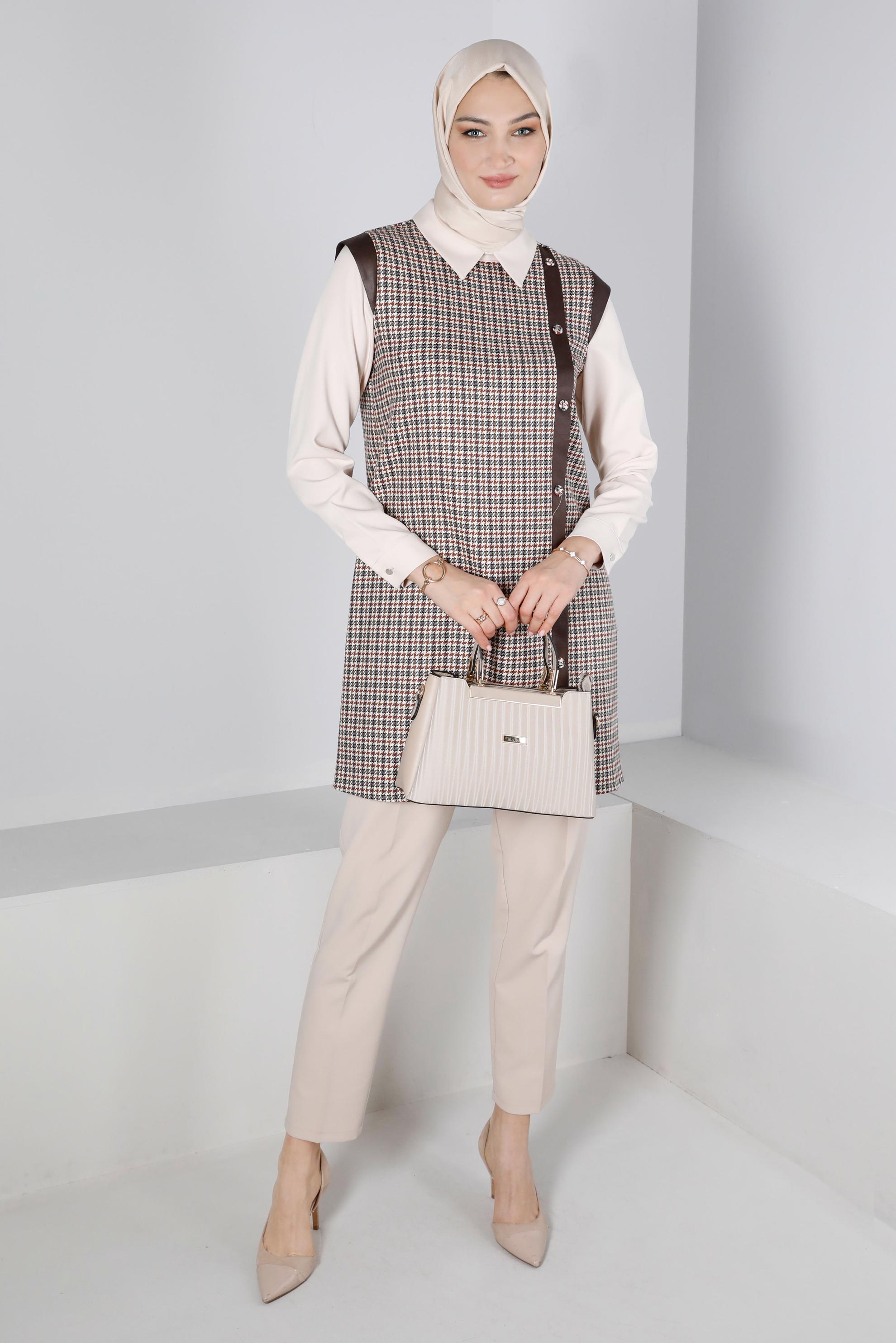 Tesettür giyim TURUNCU KAZAYAĞI DESENLİ DÜĞMELİ TUNİK 43361