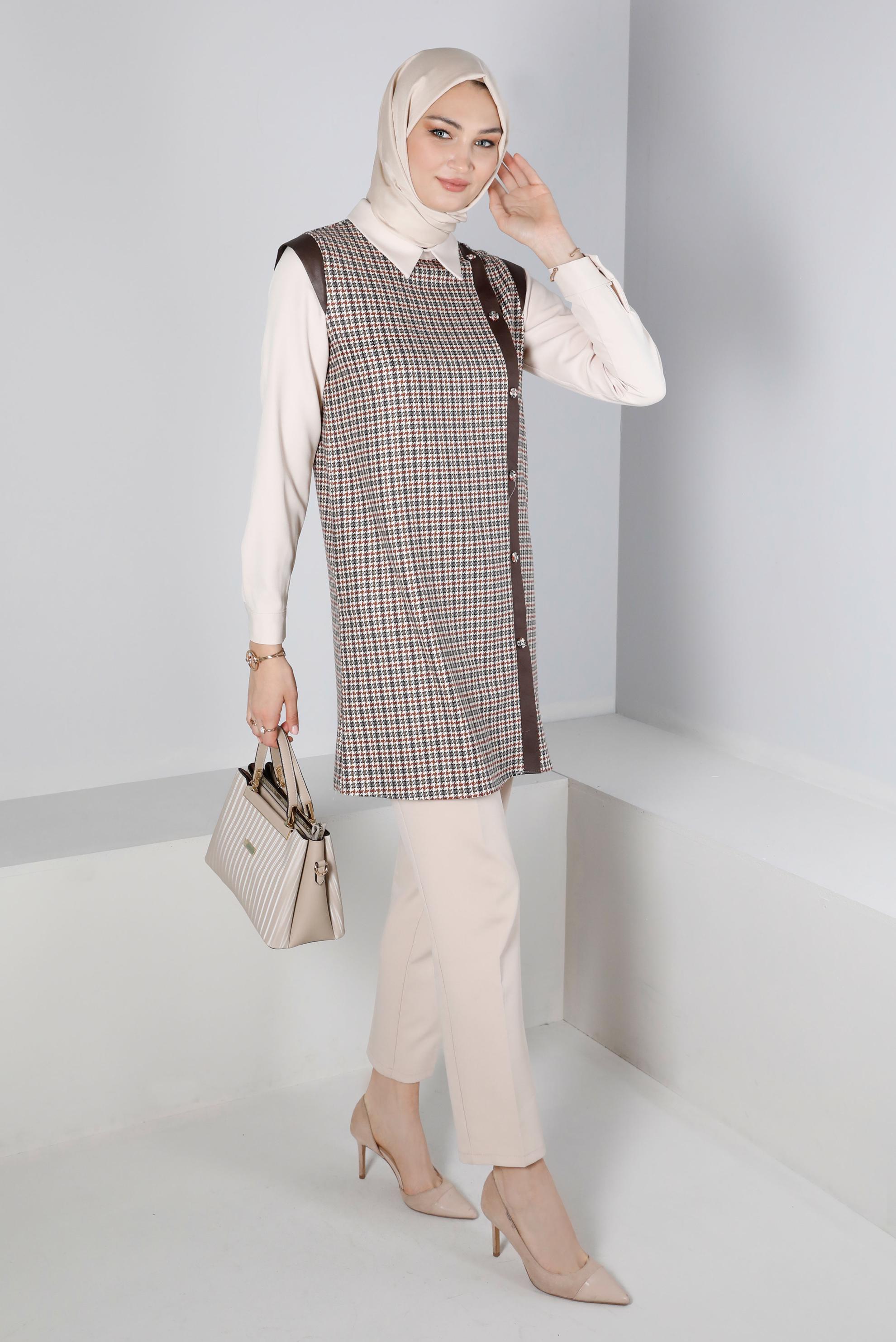 Tesettür giyim TURUNCU KAZAYAĞI DESENLİ DÜĞMELİ TUNİK 43361