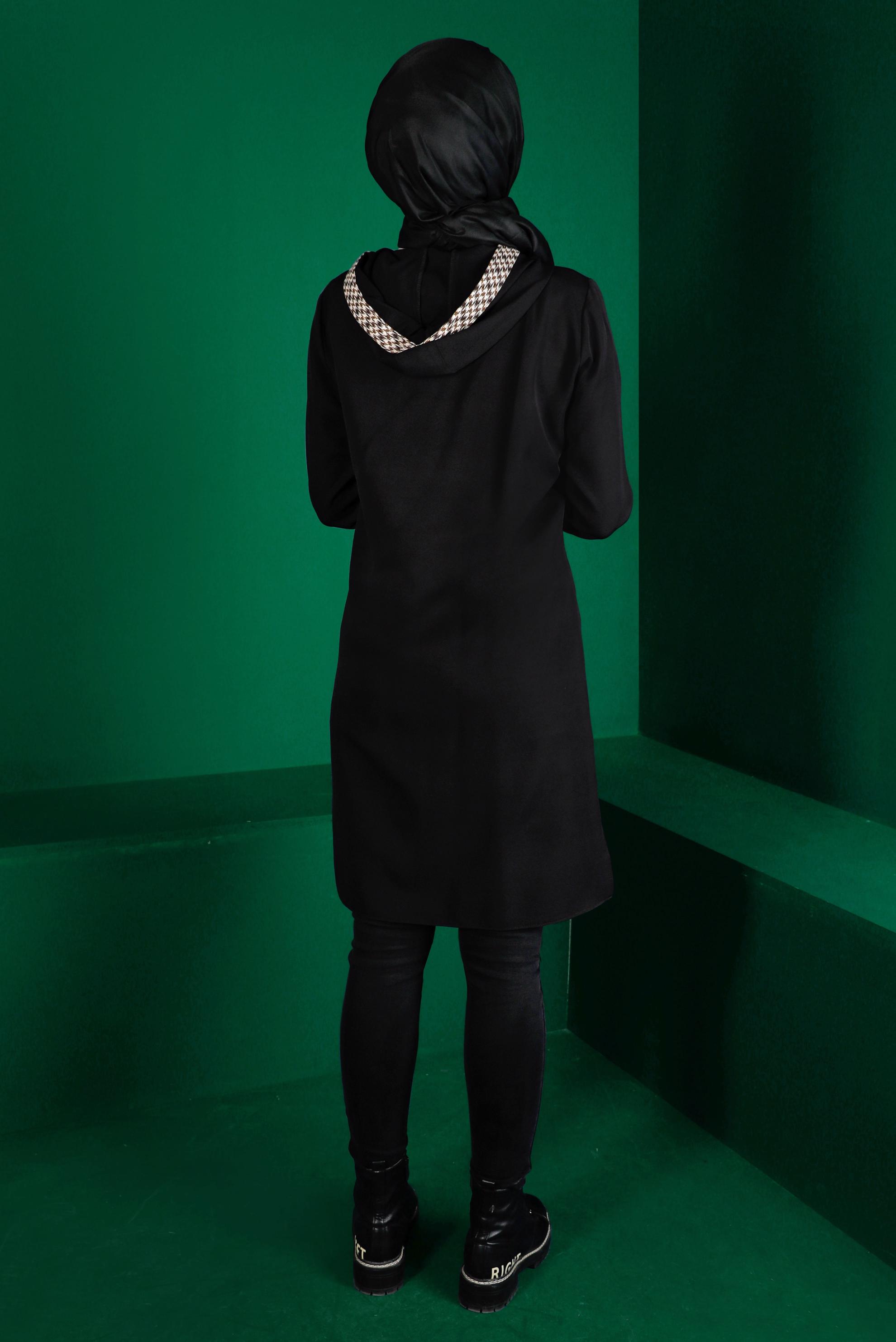 Tesettür giyim SİYAH KAZAYAĞI DESENLİ CEPLİ TUNİK 43375